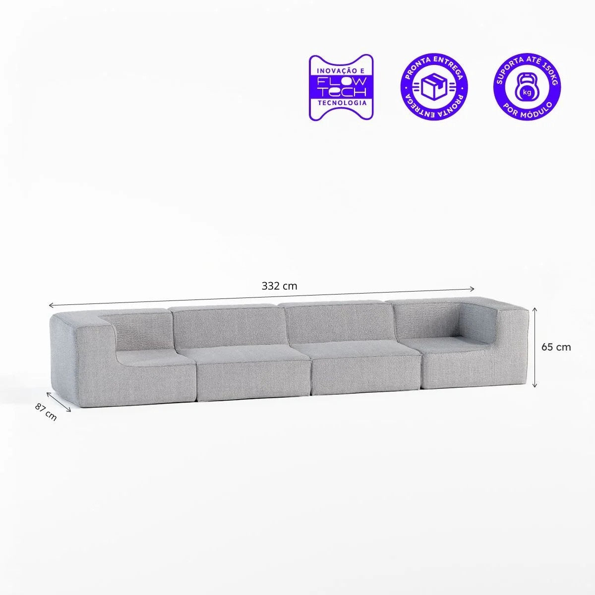 Sofá Modular Flow 4 Lugares 2 Cantos em Boucle Cinza
