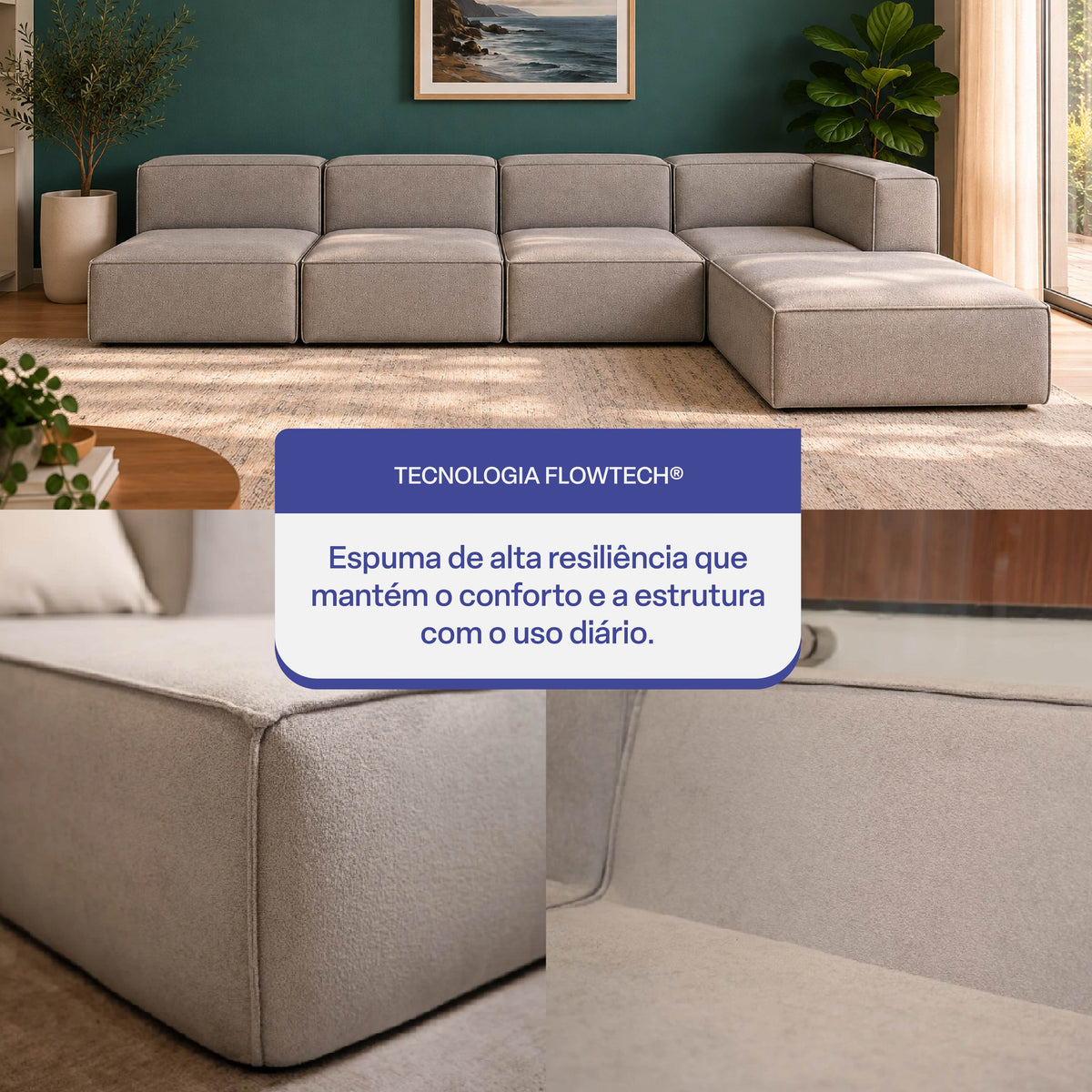 Sofá Modular Flow 4 Lugares 1 Canto com 1 Apoio de Pé em Boucle Cinza