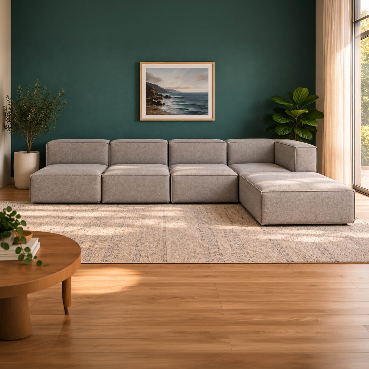Sofá Modular Flow 4 Lugares 1 Canto com 1 Apoio de Pé em Boucle Cinza
