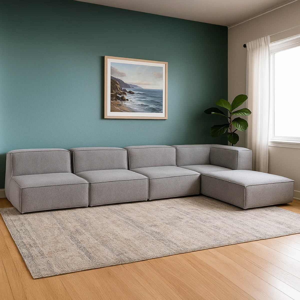 Sofá Modular Flow 4 Lugares 1 Canto com 1 Apoio de Pé em Boucle Cinza