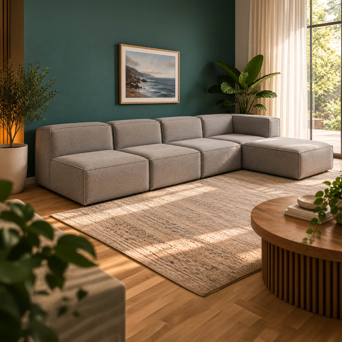 Sofá Modular Flow 4 Lugares 1 Canto com 1 Apoio de Pé em Boucle Cinza