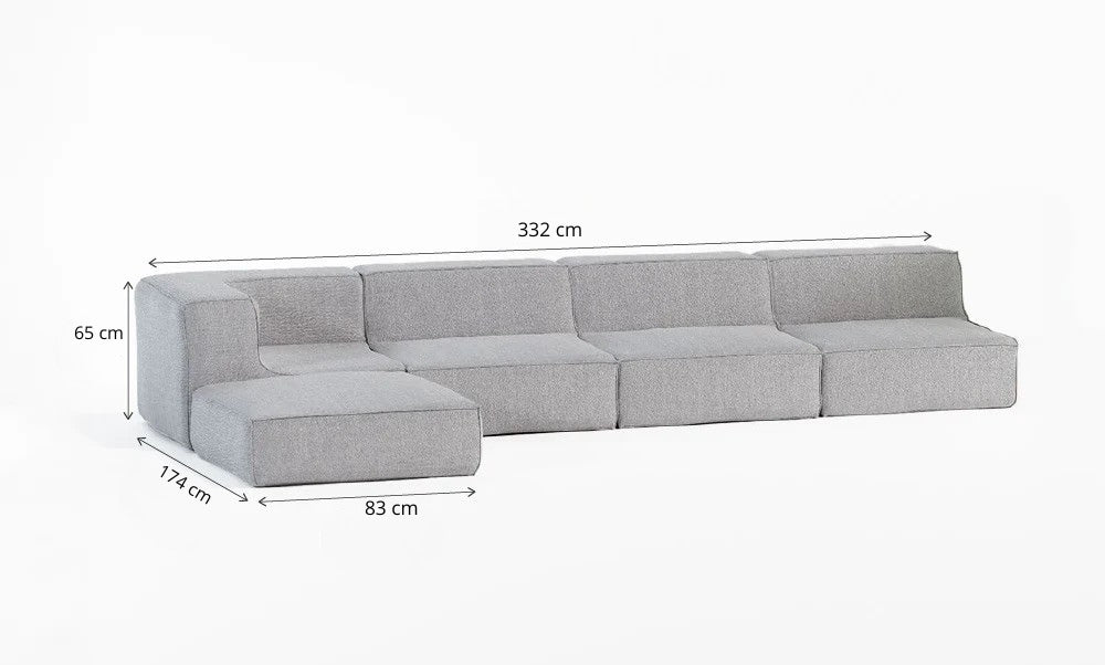 Sofá Modular Flow 4 Lugares 1 Canto com 1 Apoio de Pé em Boucle Cinza