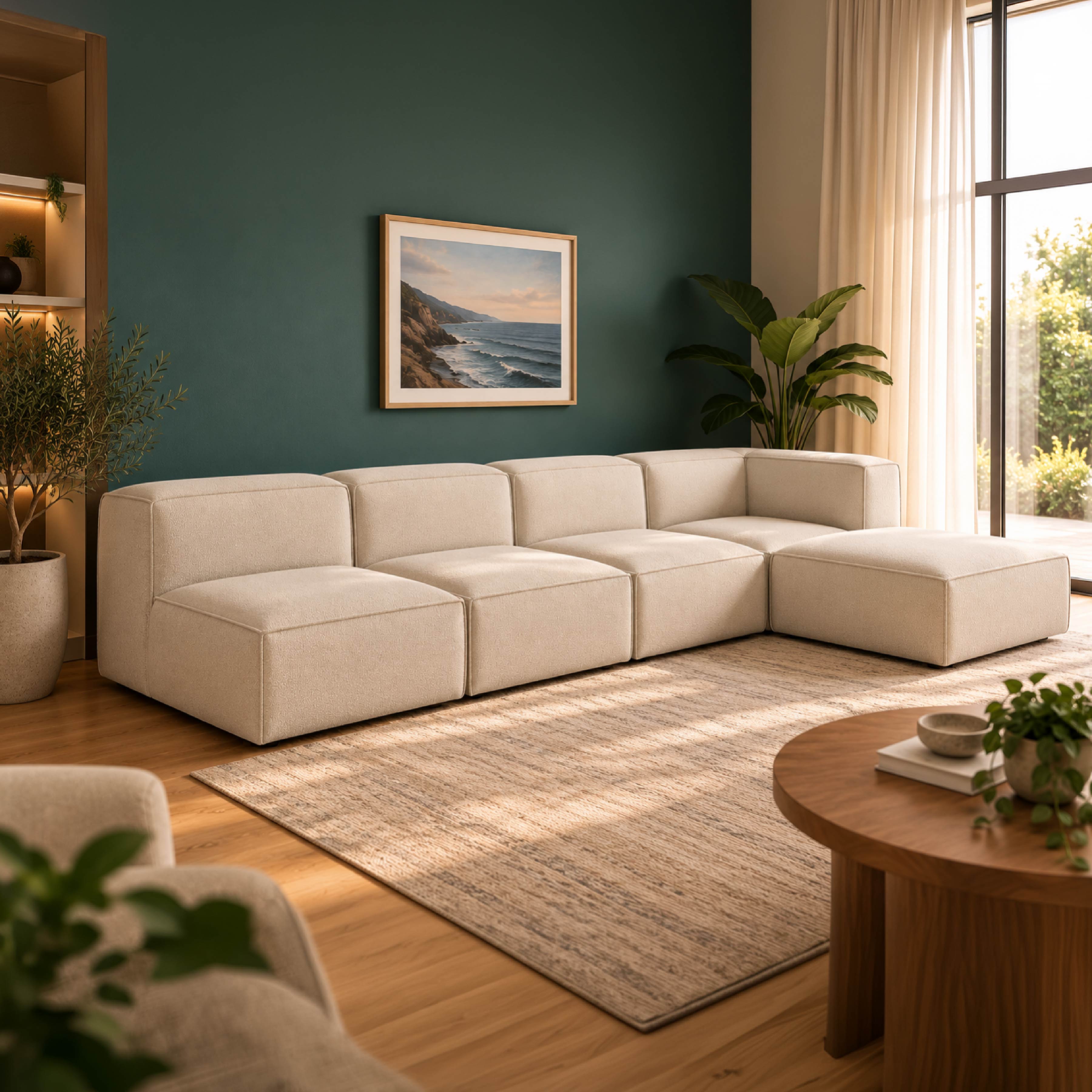 Sofá Modular Flow 4 Lugares 1 Canto com 1 Apoio de Pé em Boucle Bege