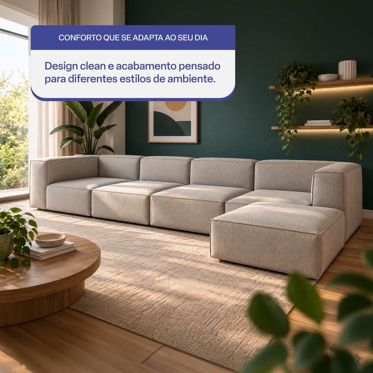 Sofá Modular Flow 4 Lugares 2 Cantos com 1 Apoio de Pé em Boucle Cinza