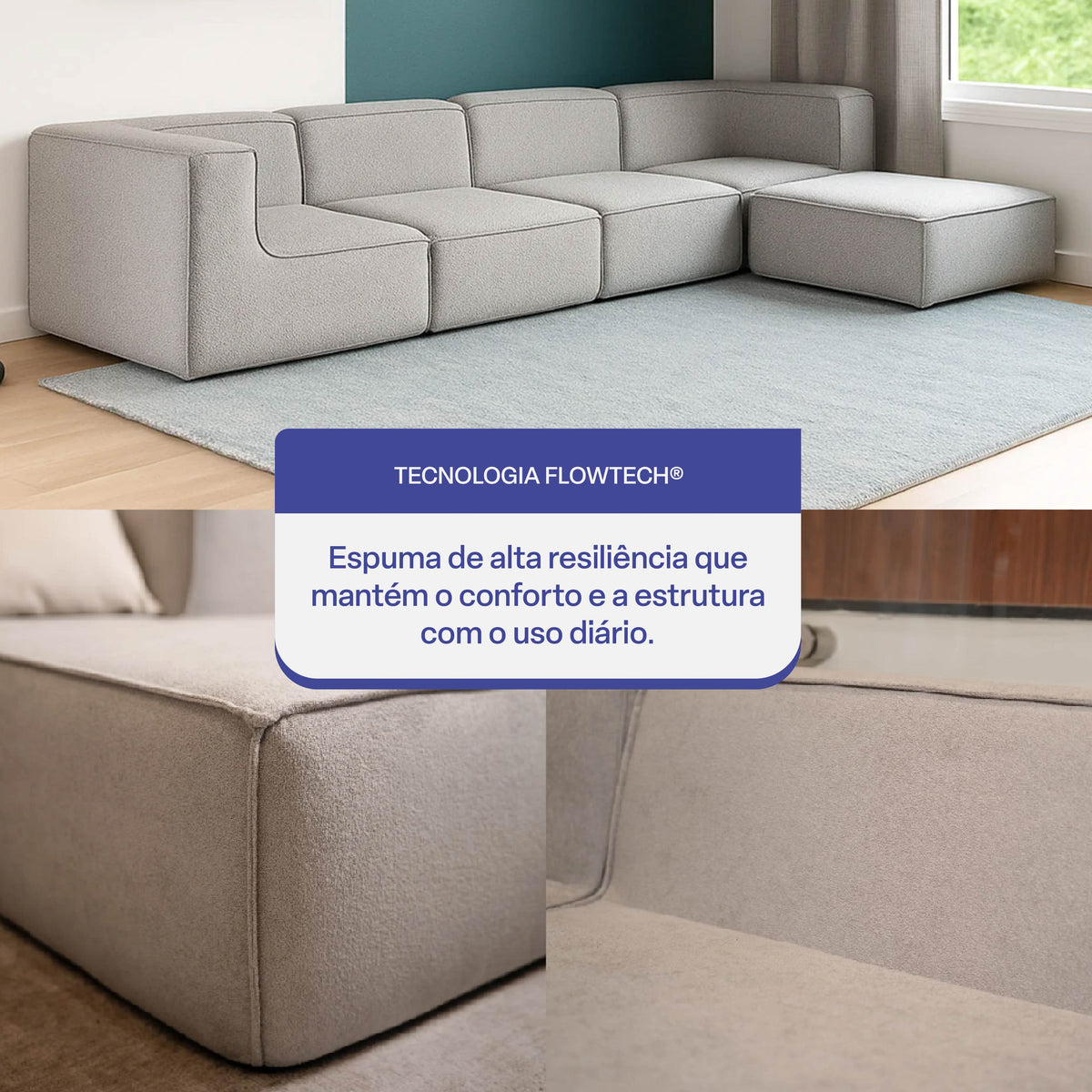 Sofá Modular Flow 4 Lugares 2 Cantos com 1 Apoio de Pé em Boucle Cinza