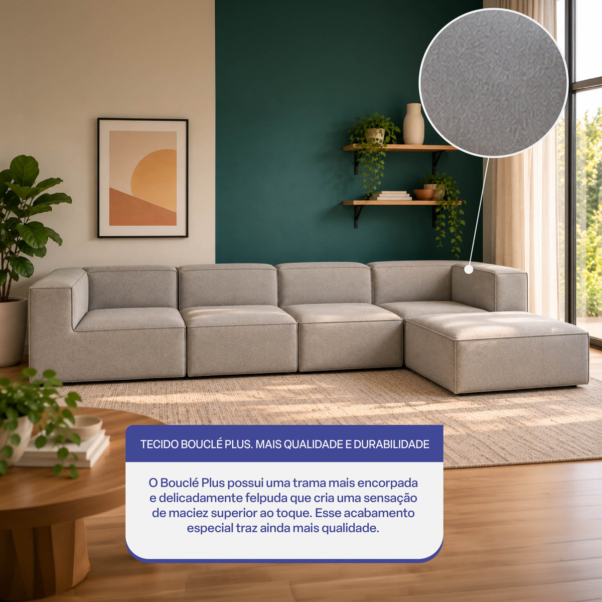 Sofá Modular Flow 4 Lugares 2 Cantos com 1 Apoio de Pé em Boucle Cinza