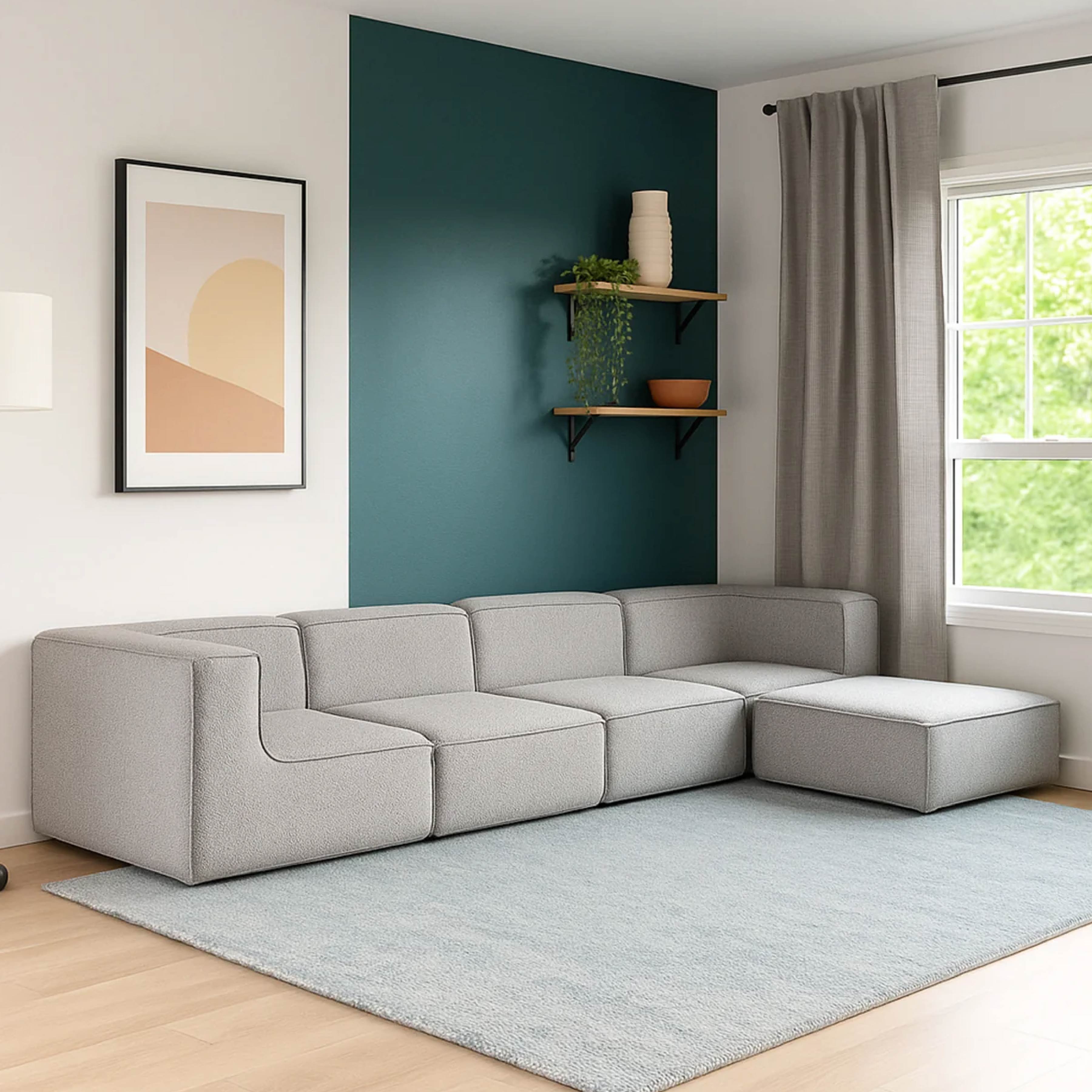 Sofá Modular Flow 4 Lugares 2 Cantos com 1 Apoio de Pé em Boucle Cinza