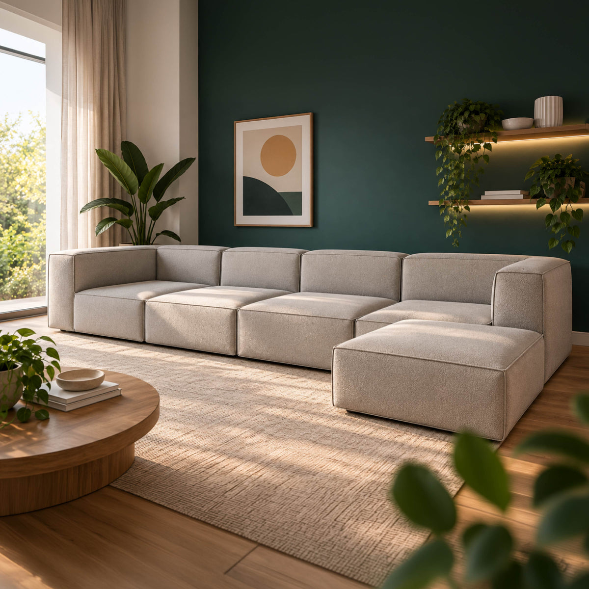 Sofá Modular Flow 4 Lugares 2 Cantos com 1 Apoio de Pé em Boucle Cinza