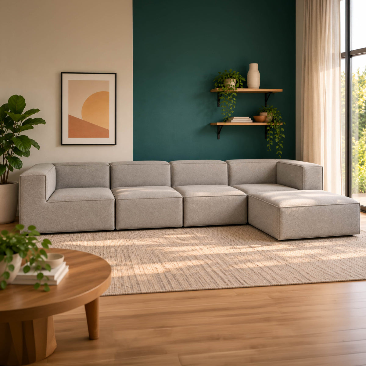 Sofá Modular Flow 4 Lugares 2 Cantos com 1 Apoio de Pé em Boucle Cinza
