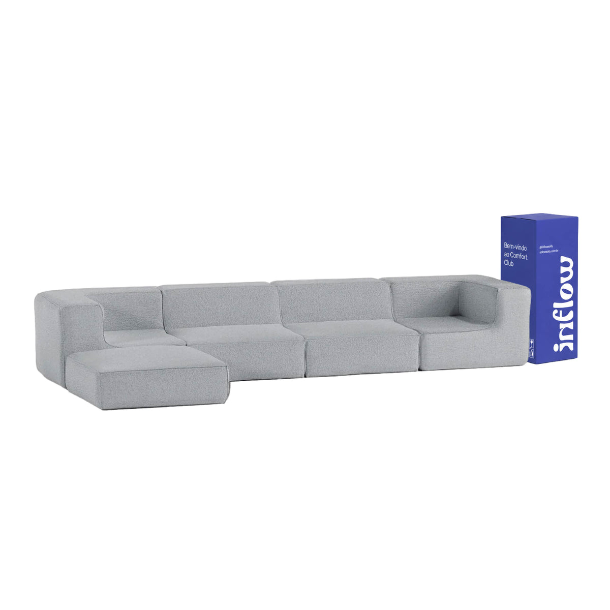 Sofá Modular Flow 4 Lugares 2 Cantos com 1 Apoio de Pé em Boucle Cinza