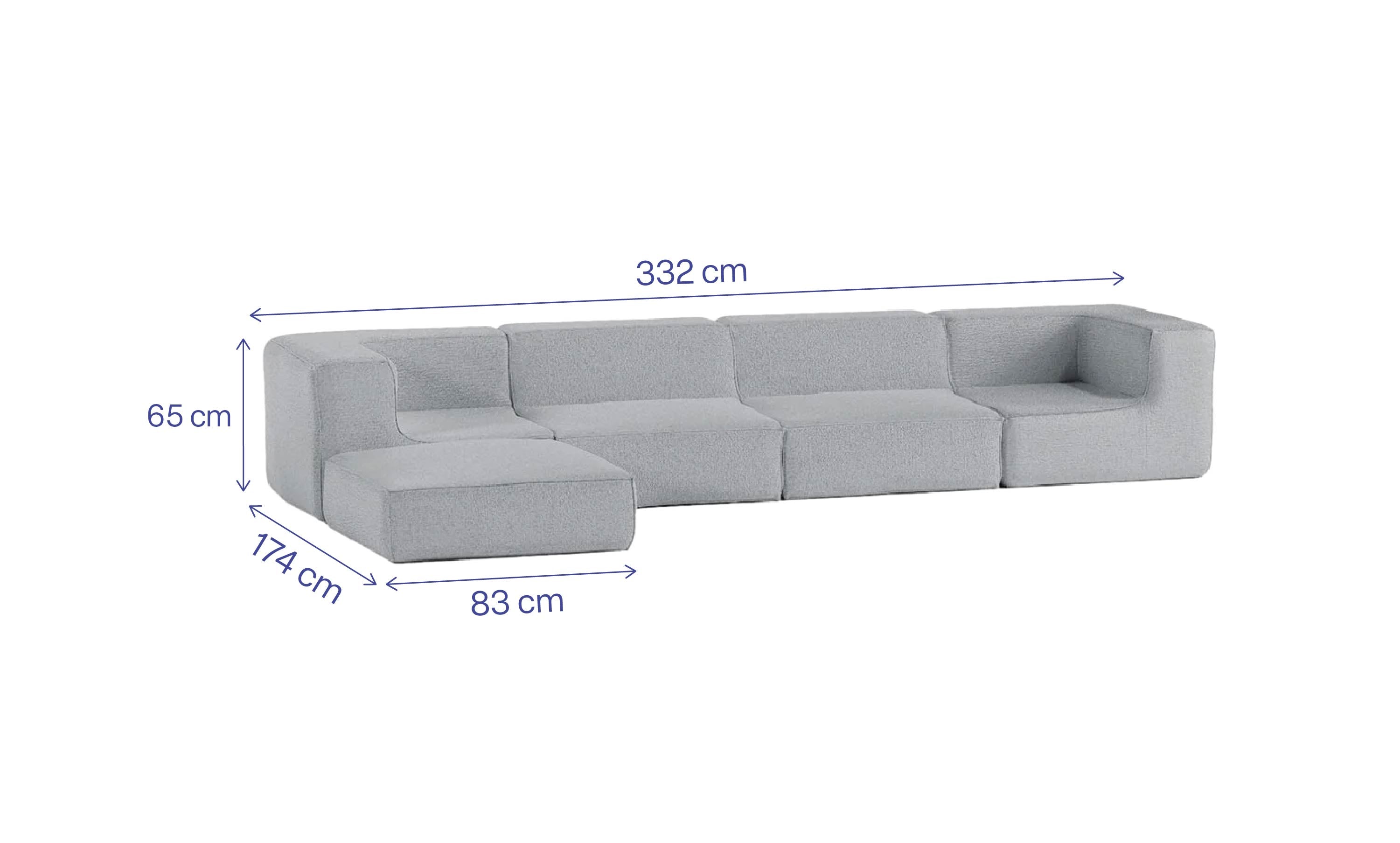 Sofá Modular Flow 4 Lugares 2 Cantos com 1 Apoio de Pé em Boucle Cinza
