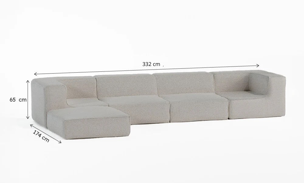 Sofá Modular Flow 4 Lugares 2 Cantos com 1 Apoio de Pé em Boucle Cinza