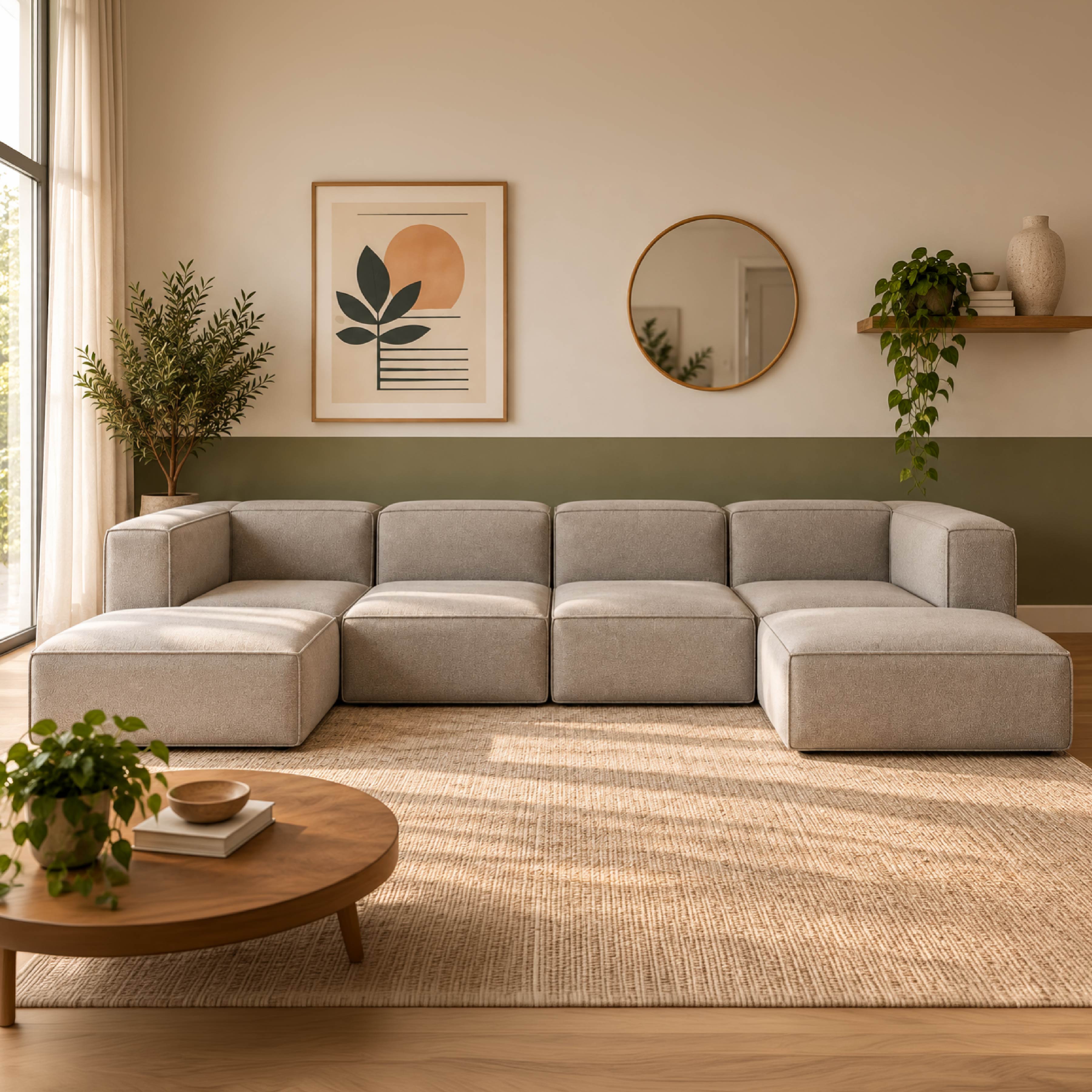 Sofá Modular Flow 4 Lugares 2 Cantos com 2 Apoios de Pé em Boucle Cinza