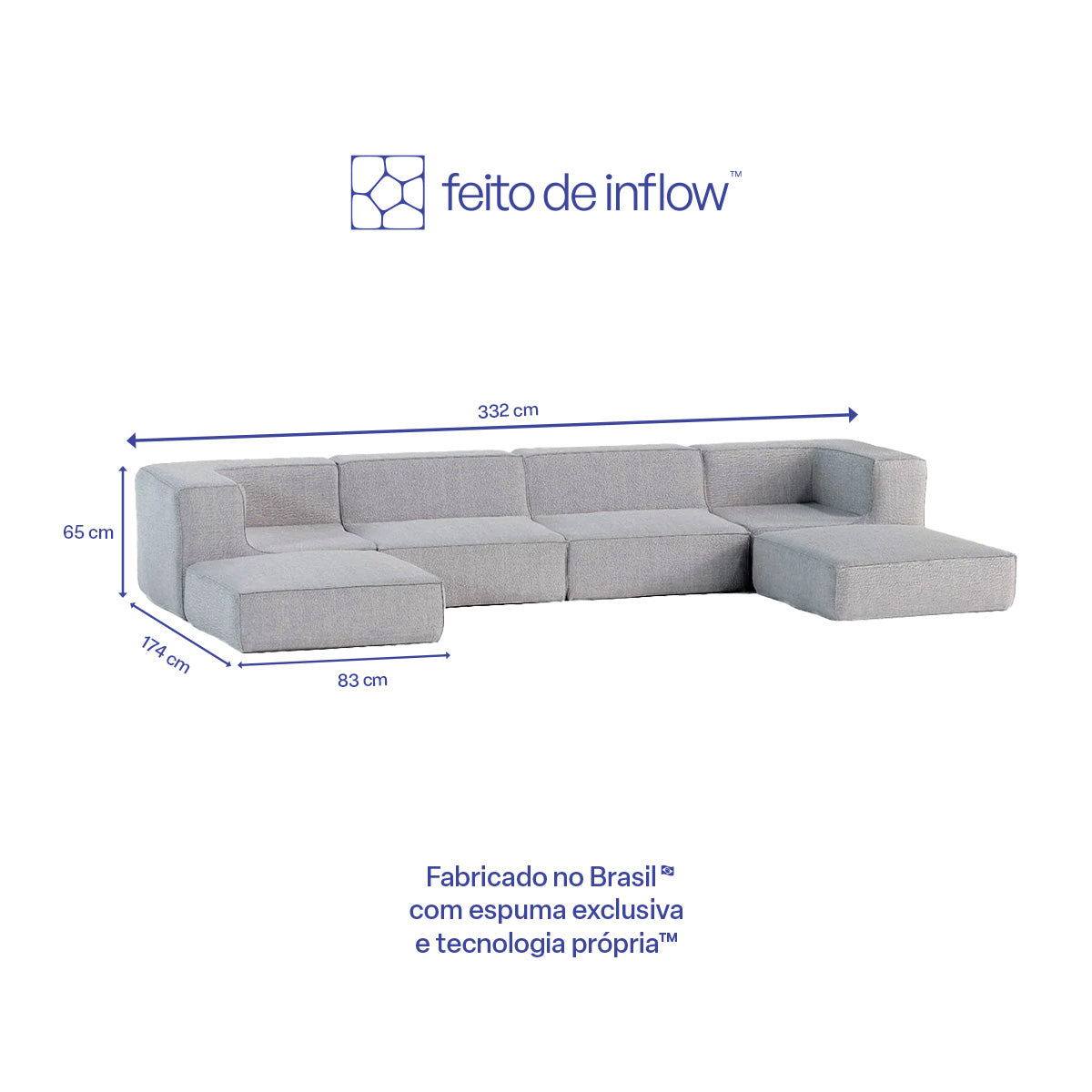Sofá Modular Flow 4 Lugares 2 Cantos com 2 Apoios de Pé em Boucle Cinza