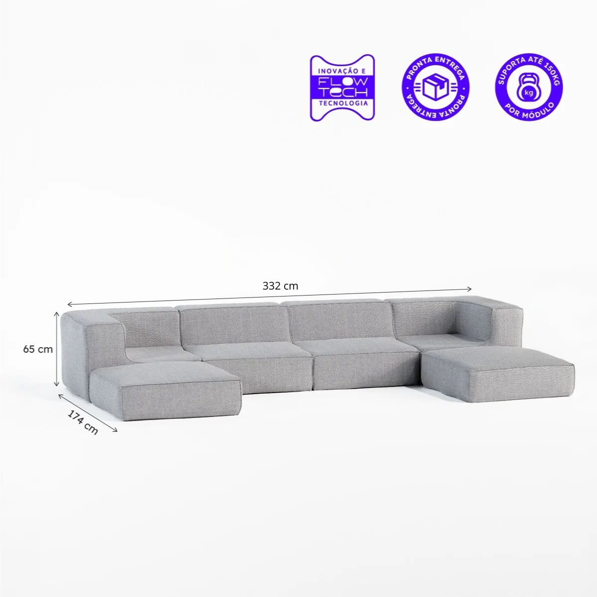 Sofá Modular Flow 4 Lugares 2 Cantos com 2 Apoios de Pé em Boucle Cinza