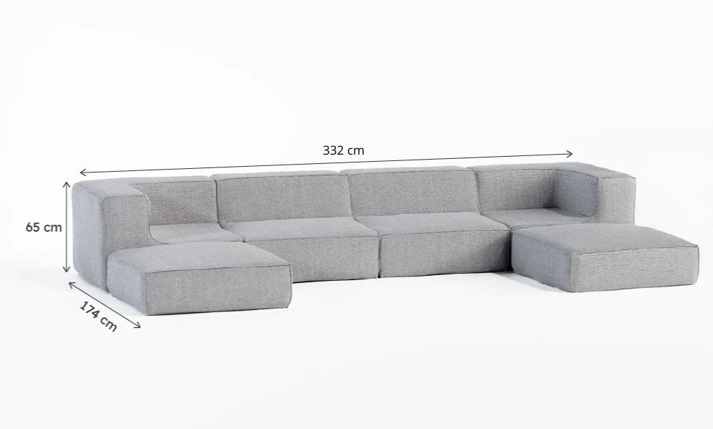 Sofá Modular Flow 4 Lugares 2 Cantos com 2 Apoios de Pé em Boucle Cinza