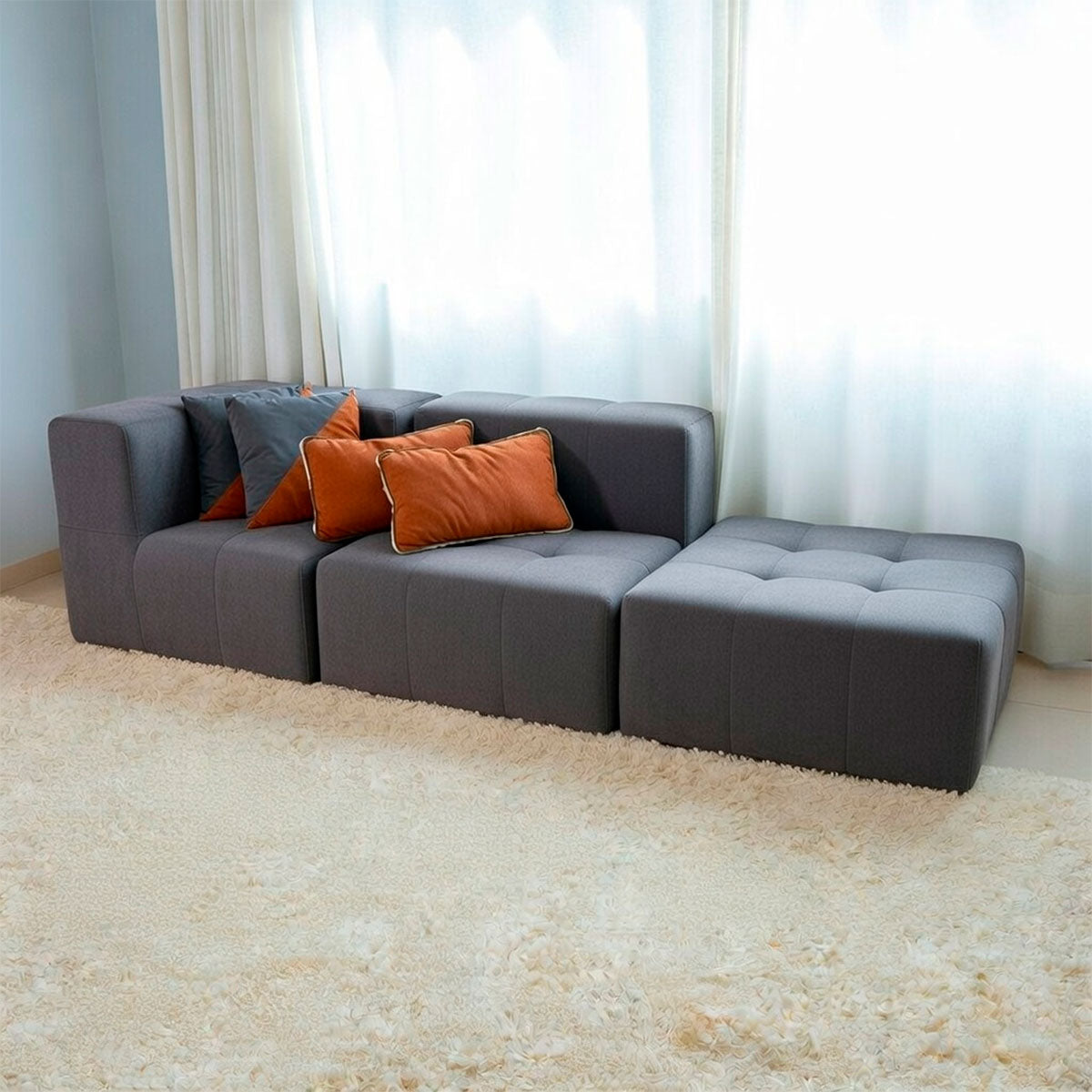 Sofá Modular 2 Lugares 1 Canto com 1 Apoio de Pé em Boucle Cinza Grafite