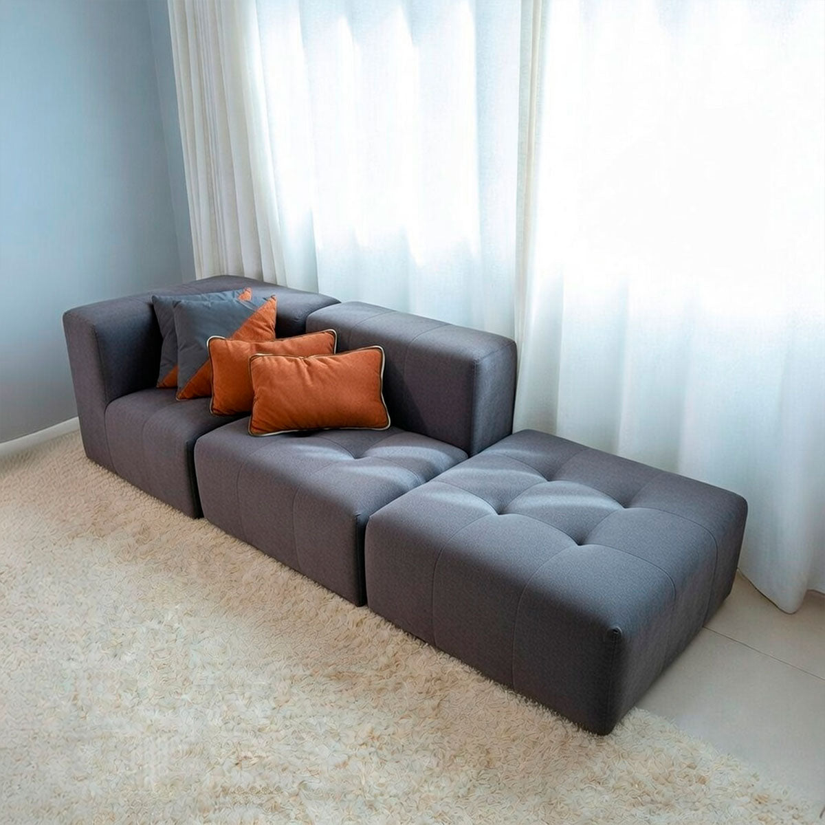 Sofá Modular 2 Lugares 1 Canto com 1 Apoio de Pé em Boucle Cinza Grafite