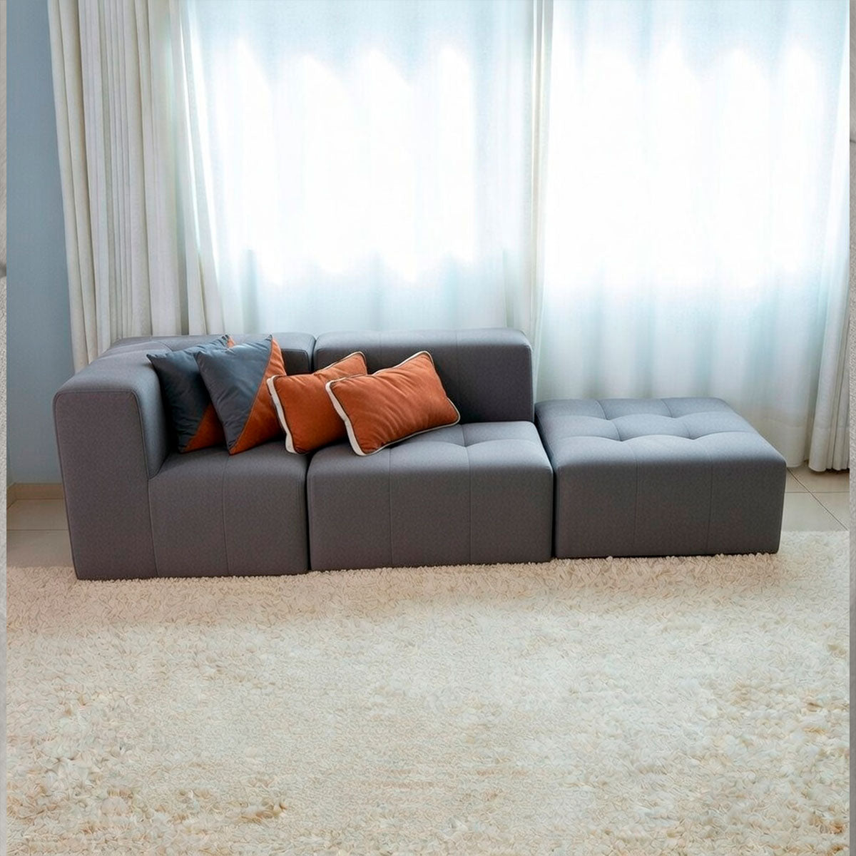Sofá Modular 2 Lugares 1 Canto com 1 Apoio de Pé em Boucle Cinza Grafite