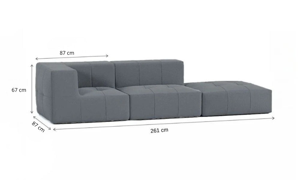 Sofá Modular 2 Lugares 1 Canto com 1 Apoio de Pé em Boucle Cinza Grafite