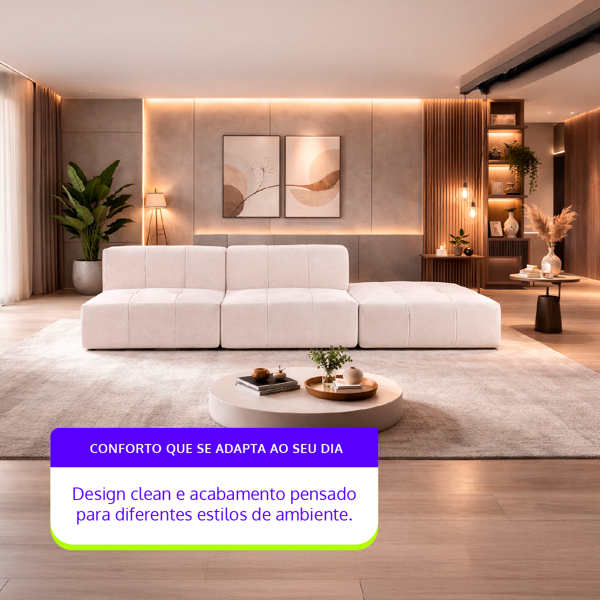 Sofá Modular 2 Lugares com 1 Apoio de Pé em Boucle Bege