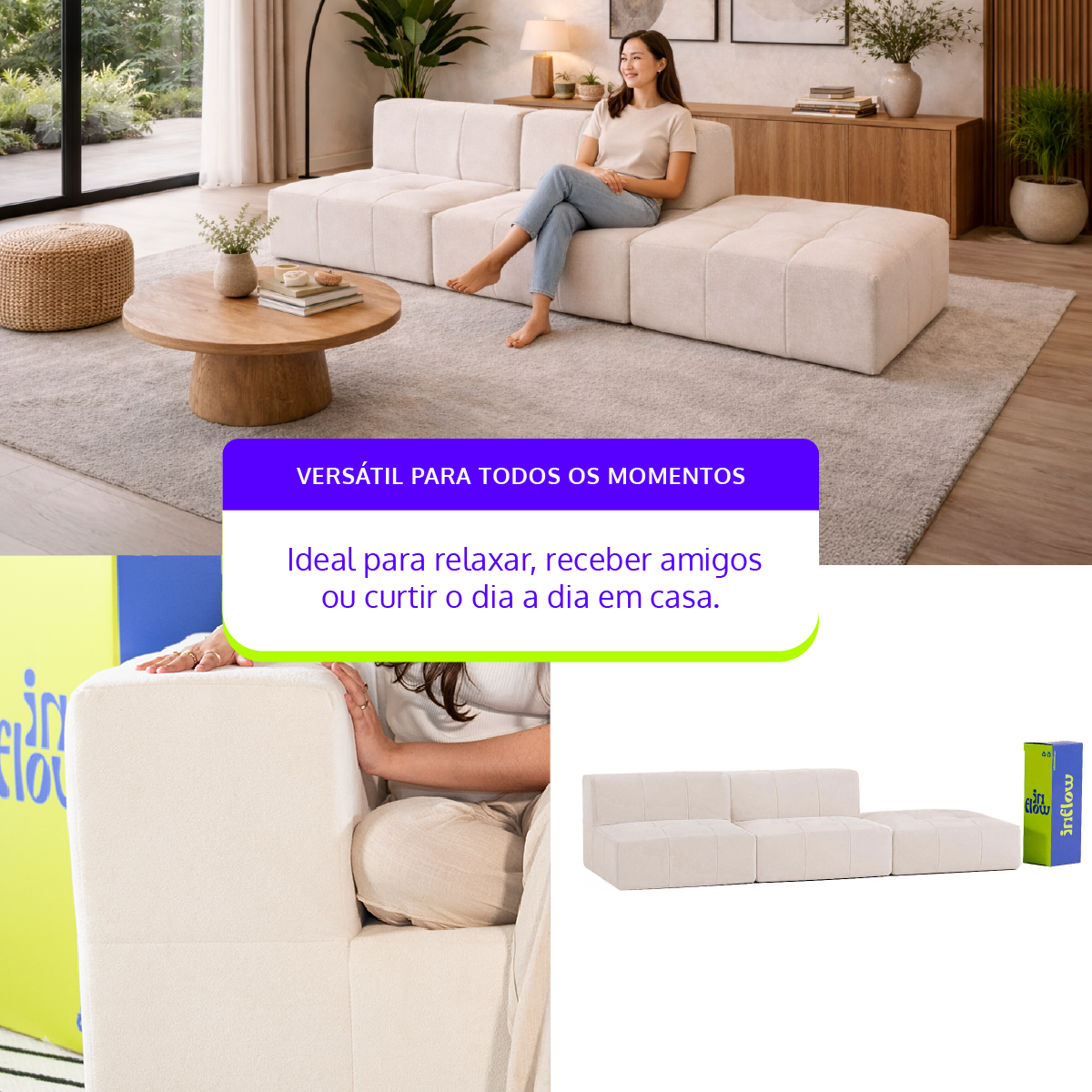 Sofá Modular 2 Lugares com 1 Apoio de Pé em Boucle Bege