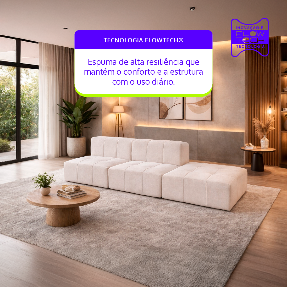 Sofá Modular 2 Lugares com 1 Apoio de Pé em Boucle Bege