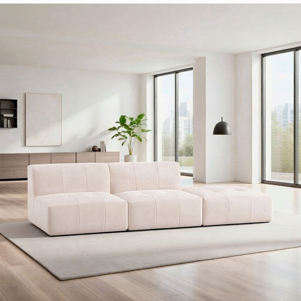 Sofá Modular 2 Lugares com 1 Apoio de Pé em Boucle Bege