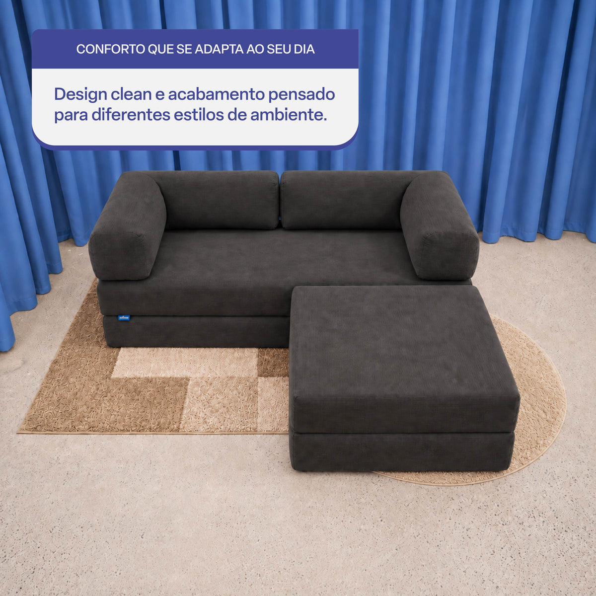 Sofá-Cama Flowin Cotelê com Apoio de Pé - Cinza Grafite