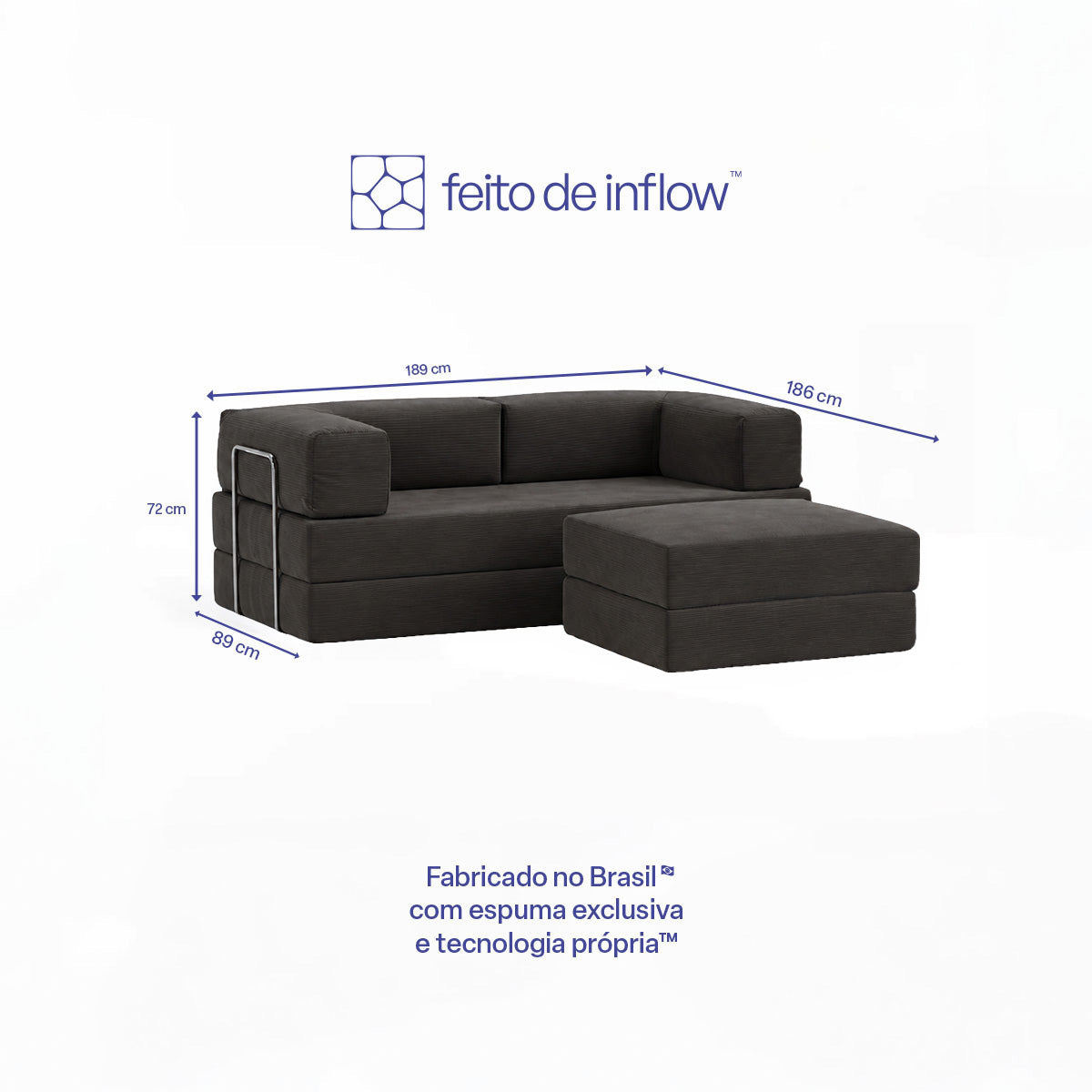 Sofá-Cama Flowin Cotelê com Apoio de Pé - Cinza Grafite