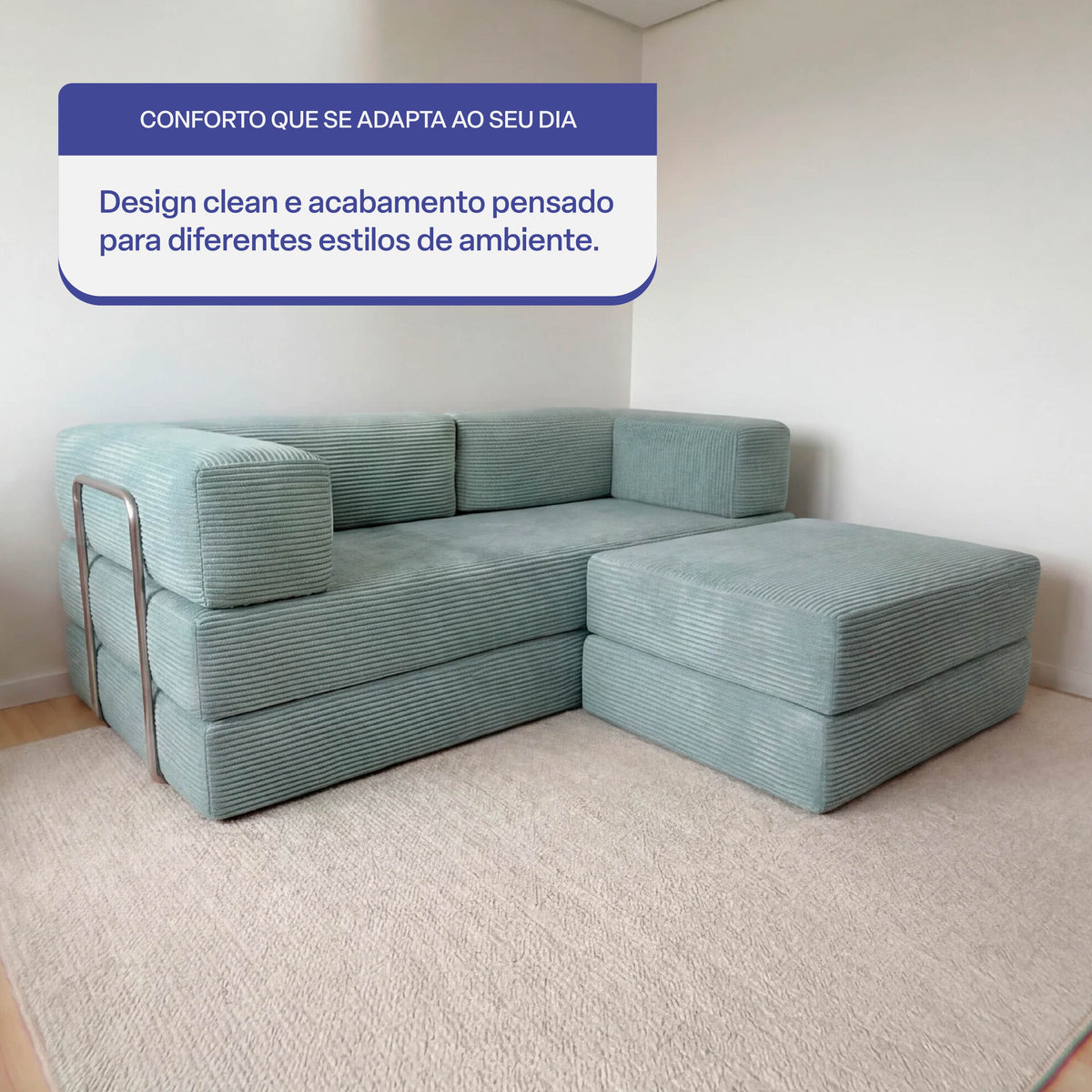 Sofá Cama Flowin com 1 Apoio de Pé em Cotele Azul Menta