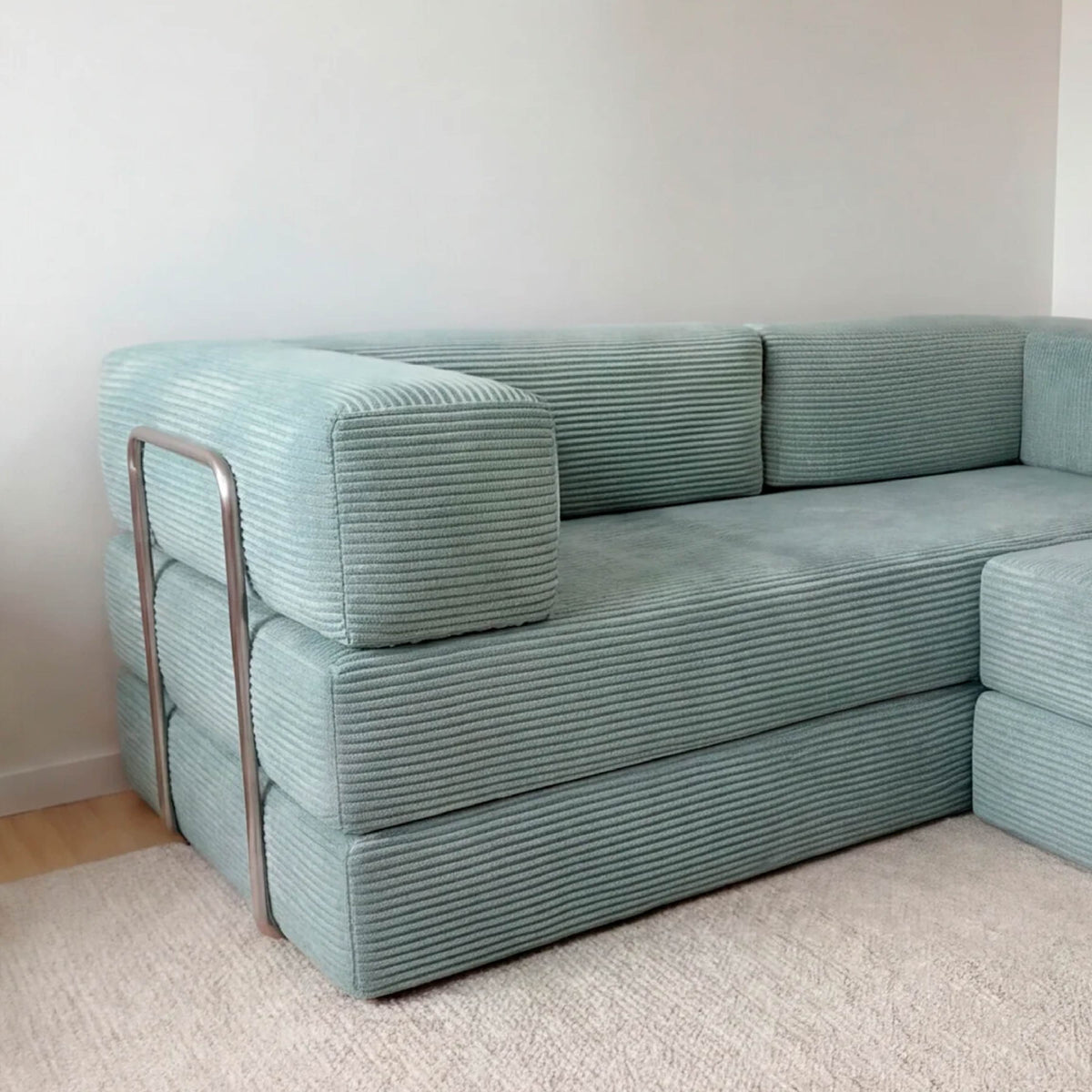 Sofá Cama Flowin com 1 Apoio de Pé em Cotele Azul Menta