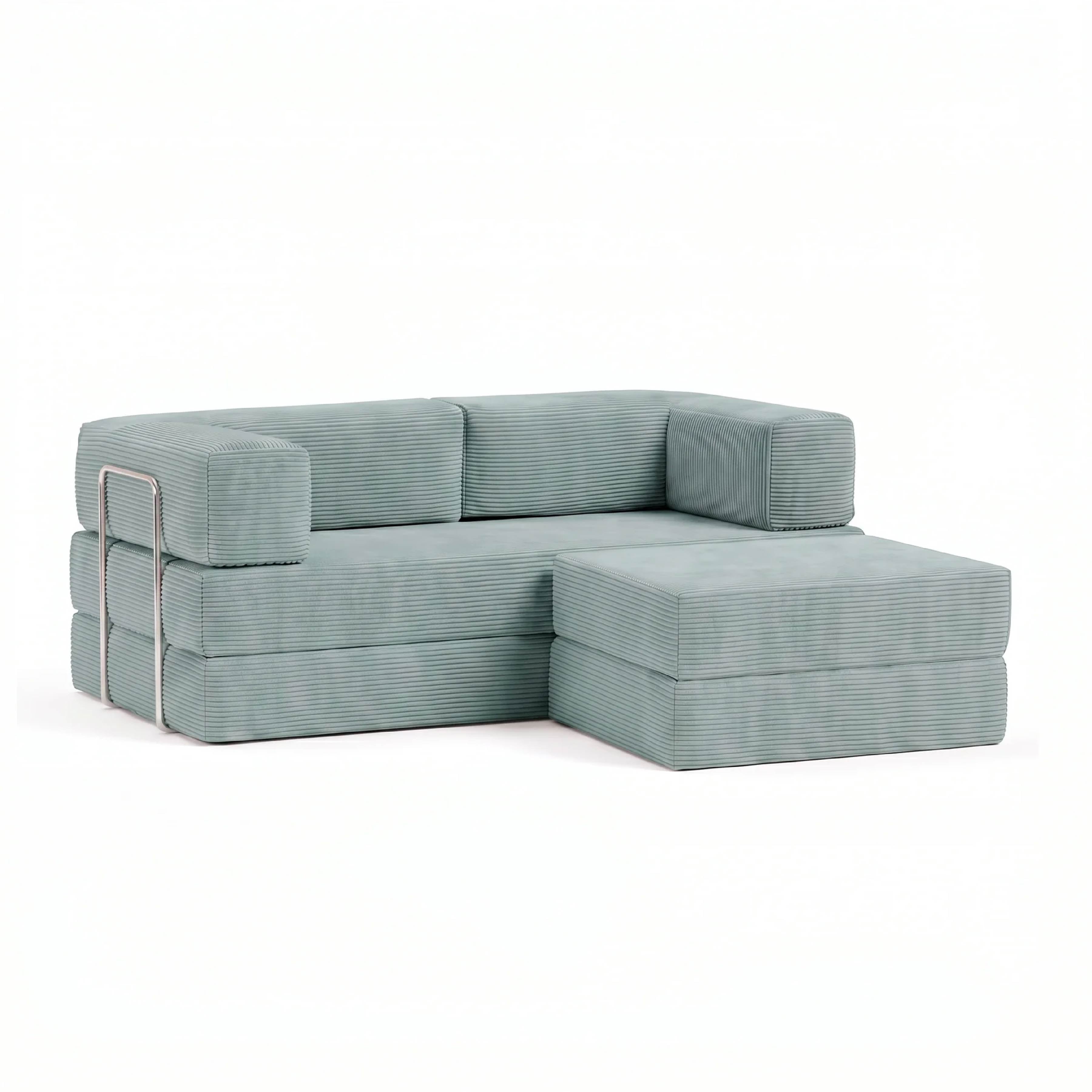 Sofá Cama Flowin com 1 Apoio de Pé em Cotele Azul Menta