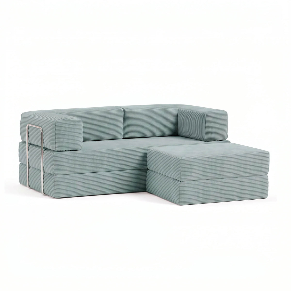 Sofá Cama Flowin com 1 Apoio de Pé em Cotele Azul Menta