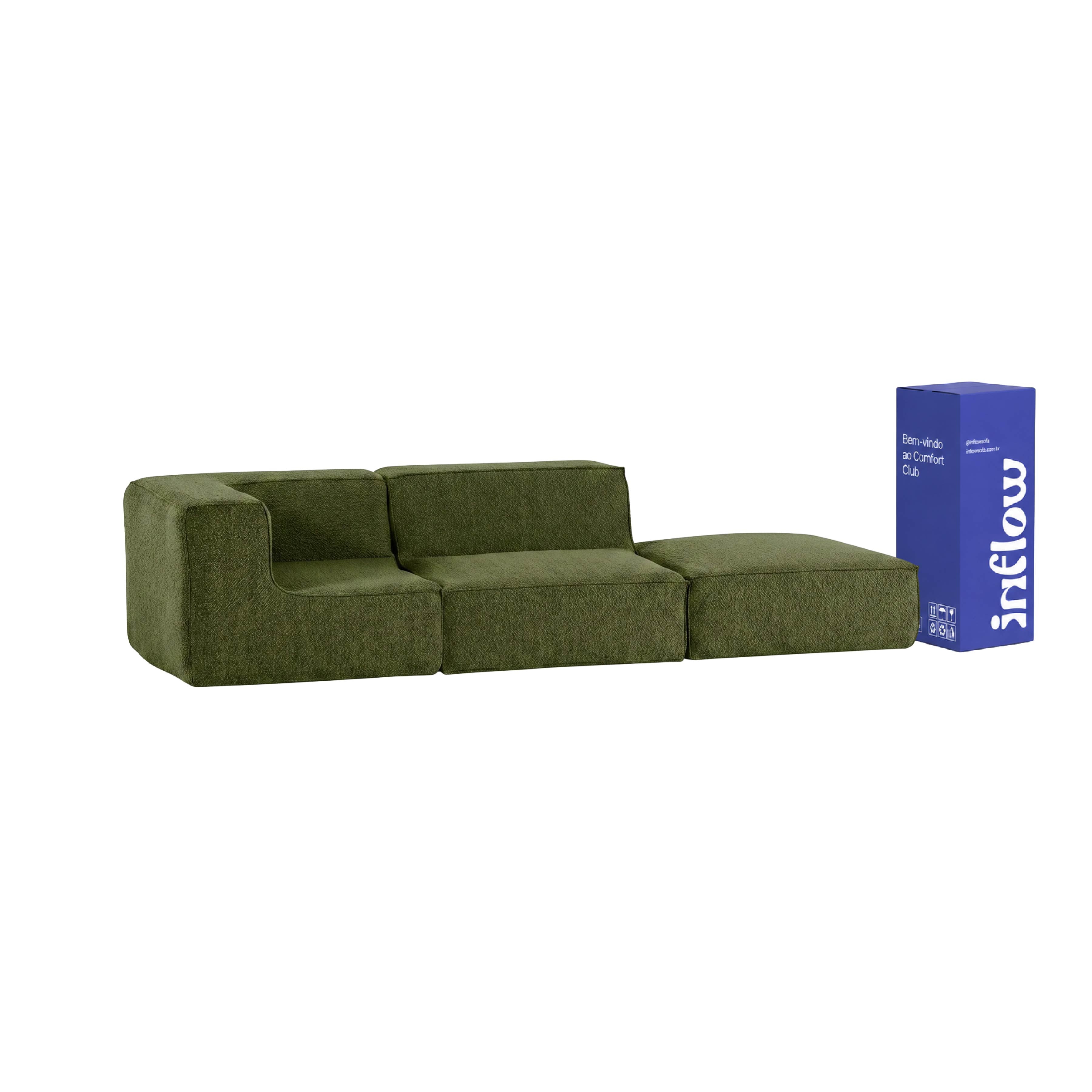 Sofá Modular Flow 2 Lugares 1 Canto com 1 Apoio de Pé em Boucle Plus Green