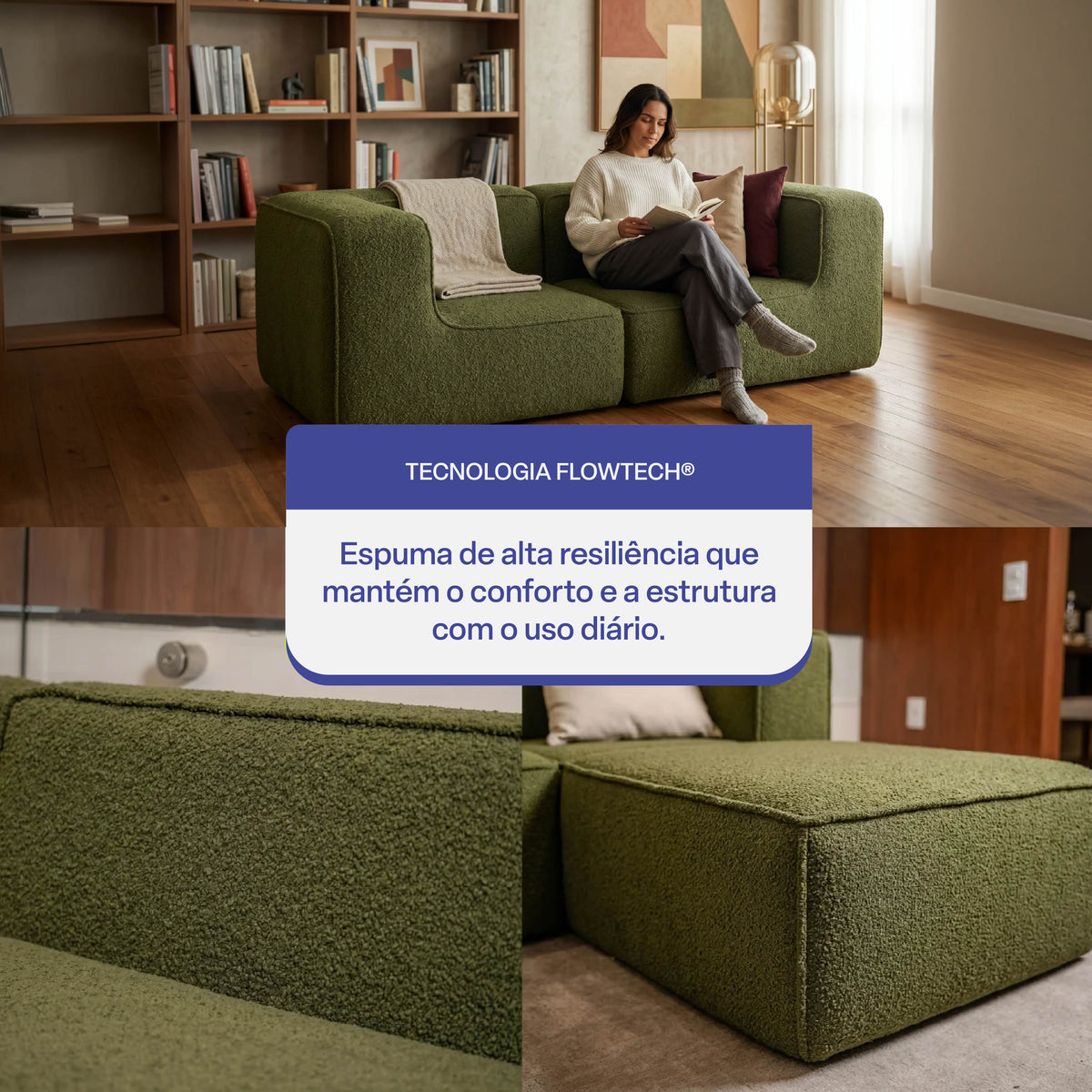 Sofá Modular Flow 2 Lugares 2 Cantos em Boucle Plus Green