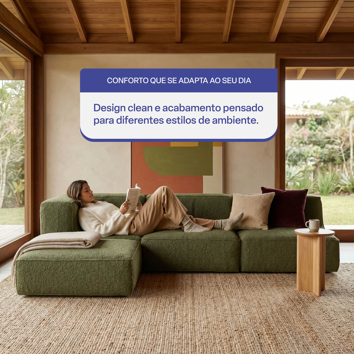 Sofá Modular Flow 3 Lugares  1 Canto com 1 Apoio de Pé em Boucle Plus Green