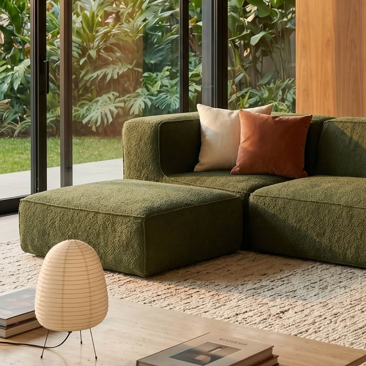 Sofá Modular Flow 3 Lugares  1 Canto com 1 Apoio de Pé em Boucle Plus Green