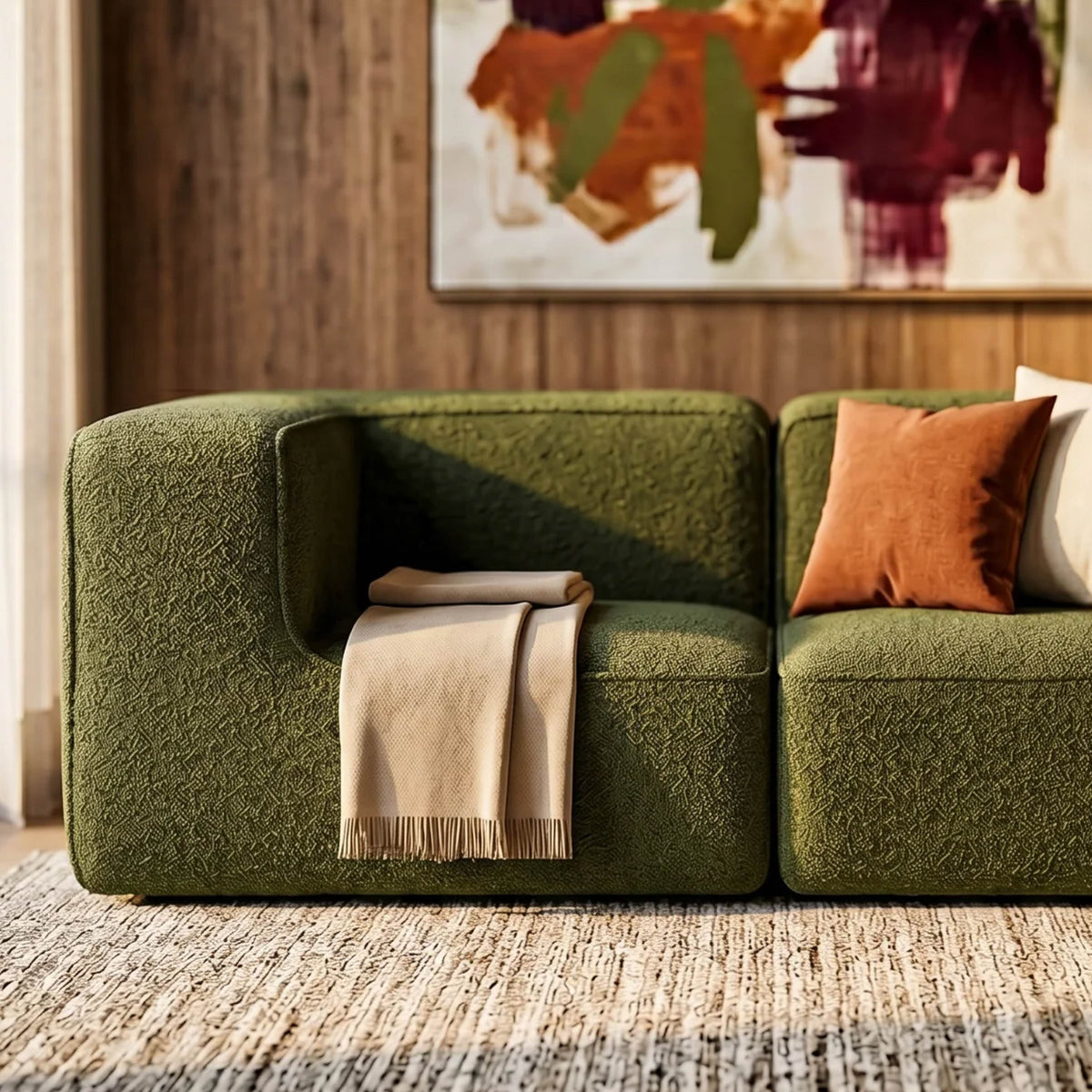 Sofá Modular Flow 3 Lugares  1 Canto com 1 Apoio de Pé em Boucle Plus Green