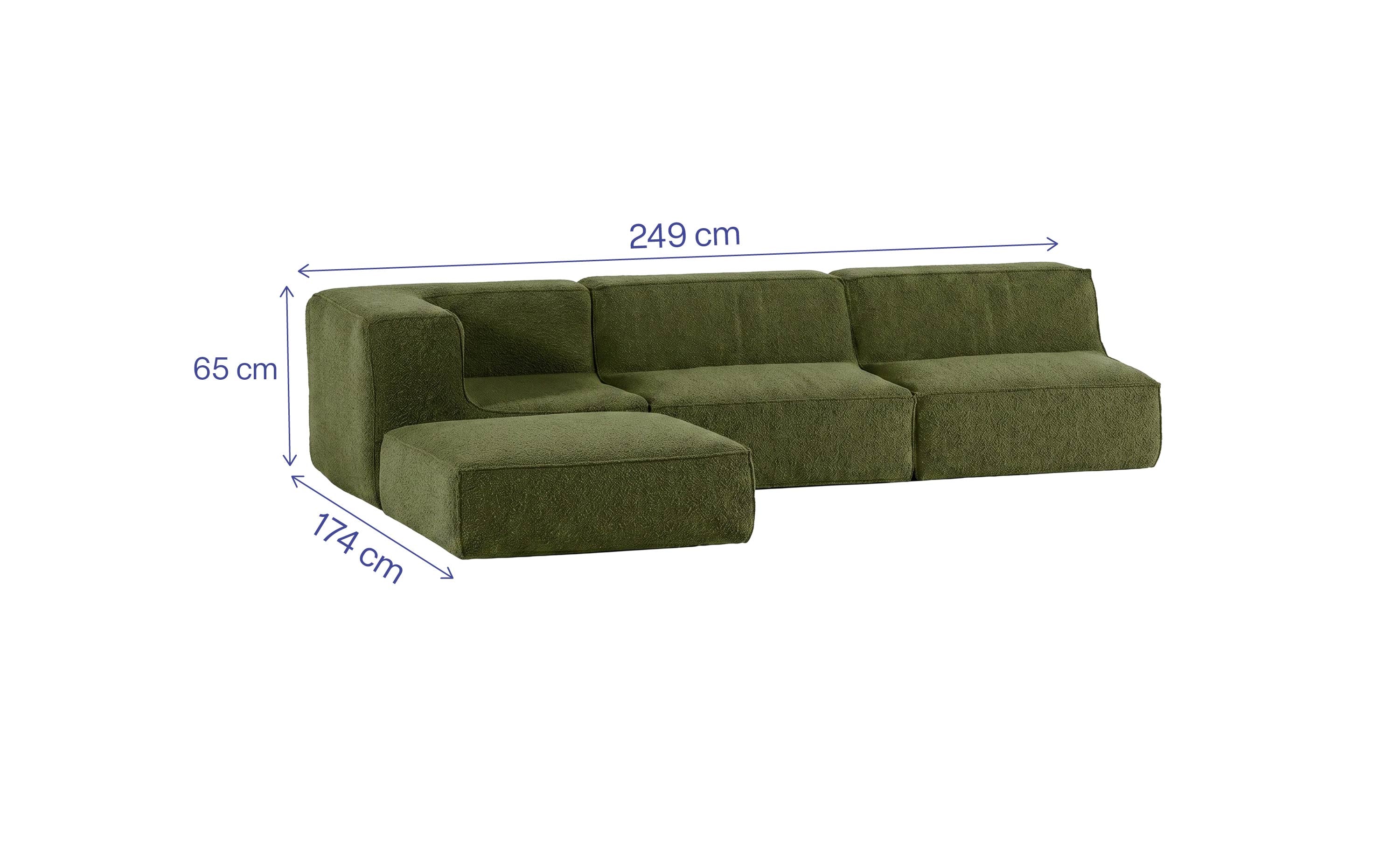 Sofá Modular Flow 3 Lugares  1 Canto com 1 Apoio de Pé em Boucle Plus Green