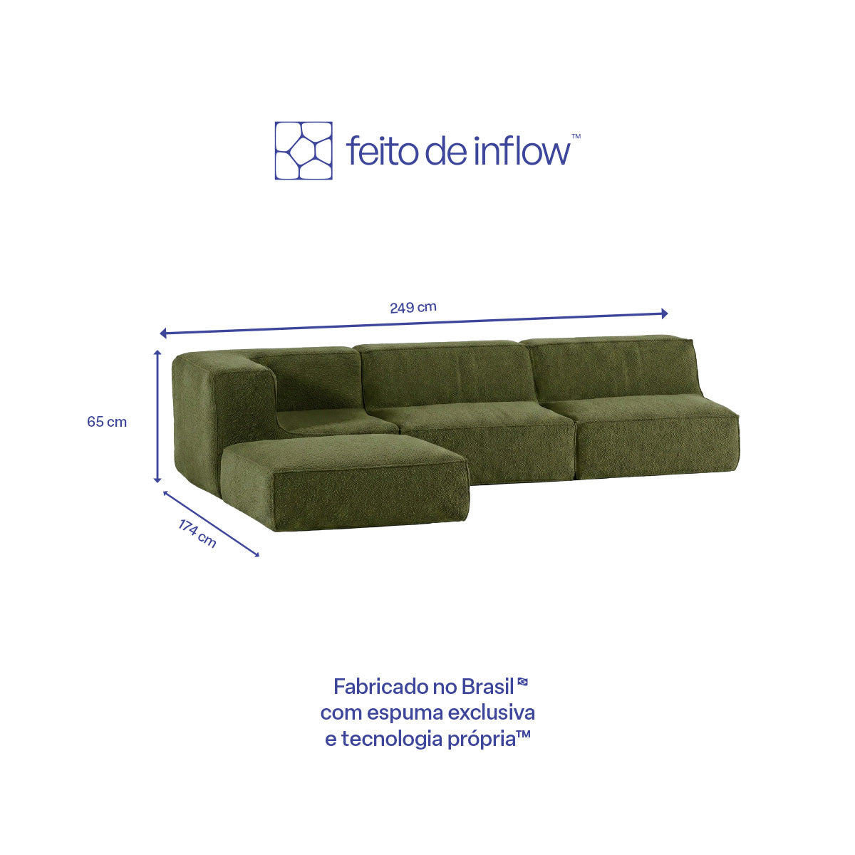 Sofá Modular Flow 3 Lugares  1 Canto com 1 Apoio de Pé em Boucle Plus Green