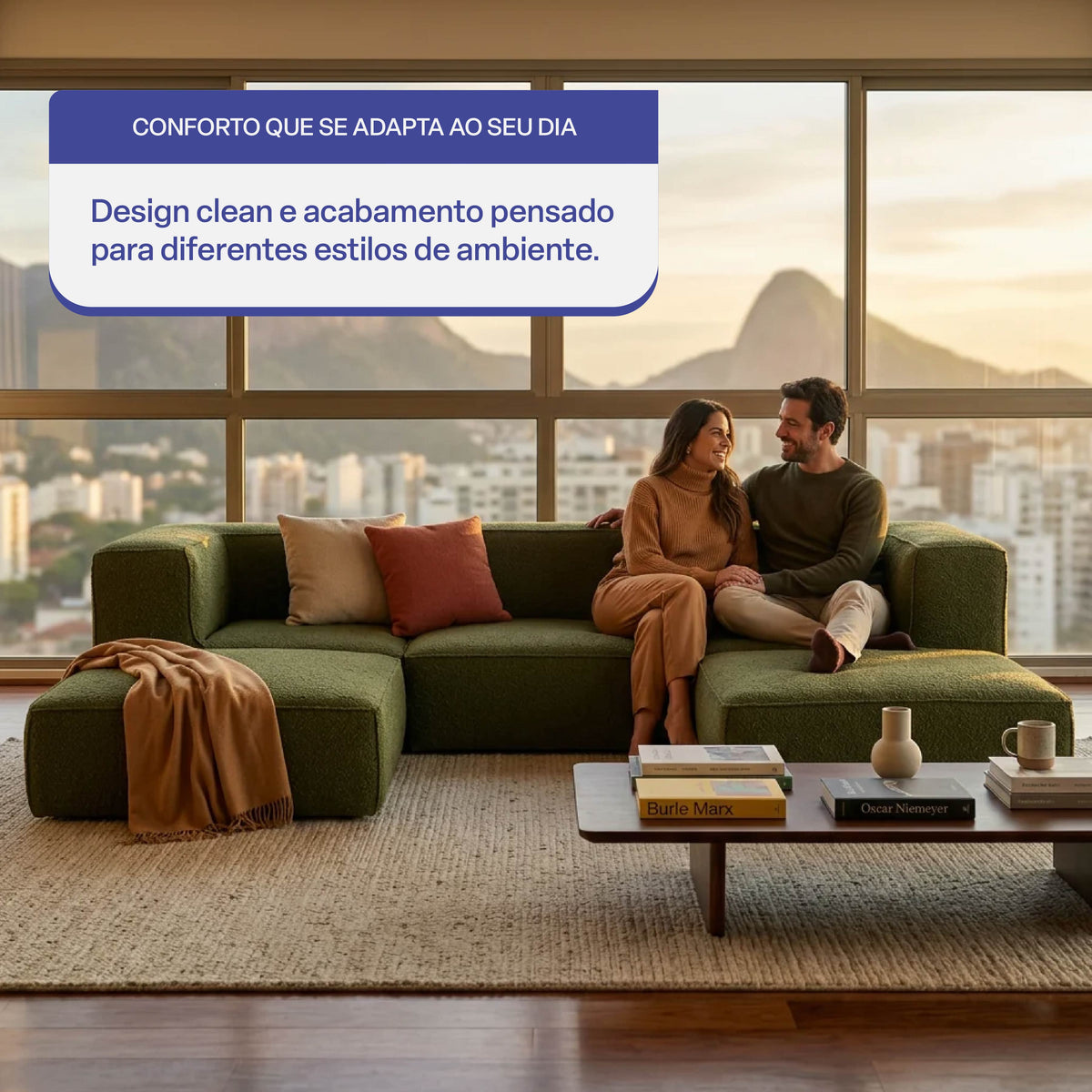 Sofá Modular Flow 3 Lugares 2 Cantos com 2 Apoios de Pé em Boucle Plus Green