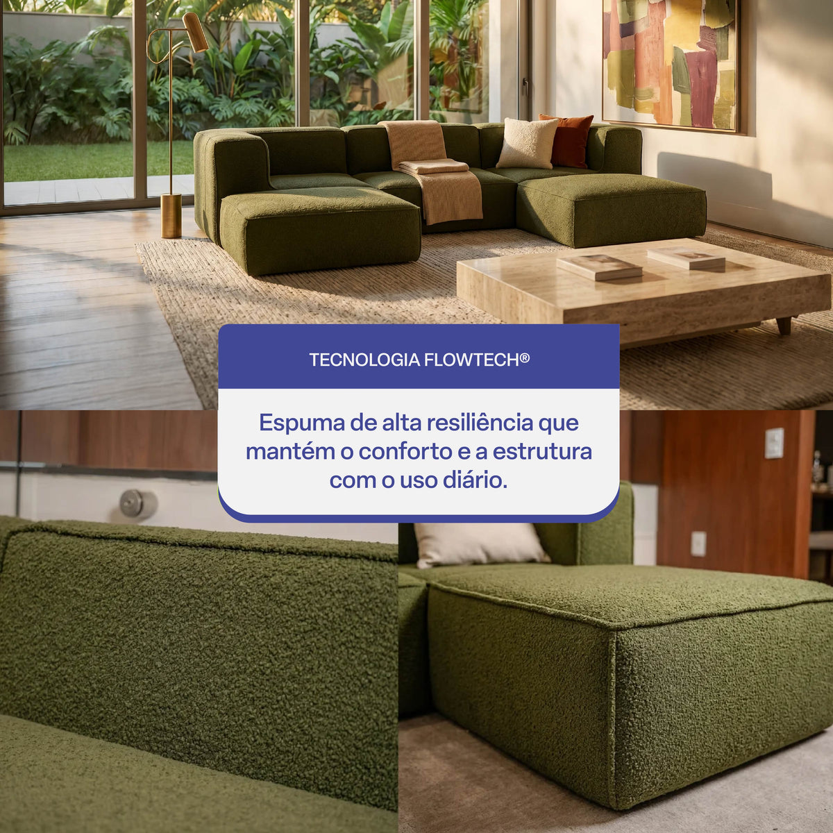 Sofá Modular Flow 3 Lugares 2 Cantos com 2 Apoios de Pé em Boucle Plus Green