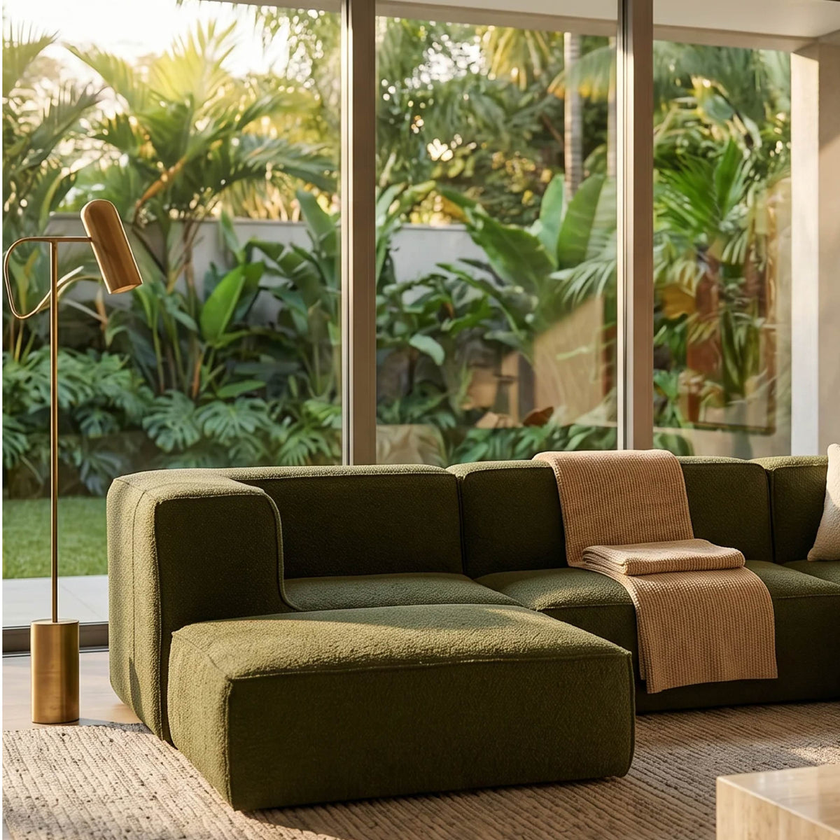 Sofá Modular Flow 3 Lugares 2 Cantos com 2 Apoios de Pé em Boucle Plus Green