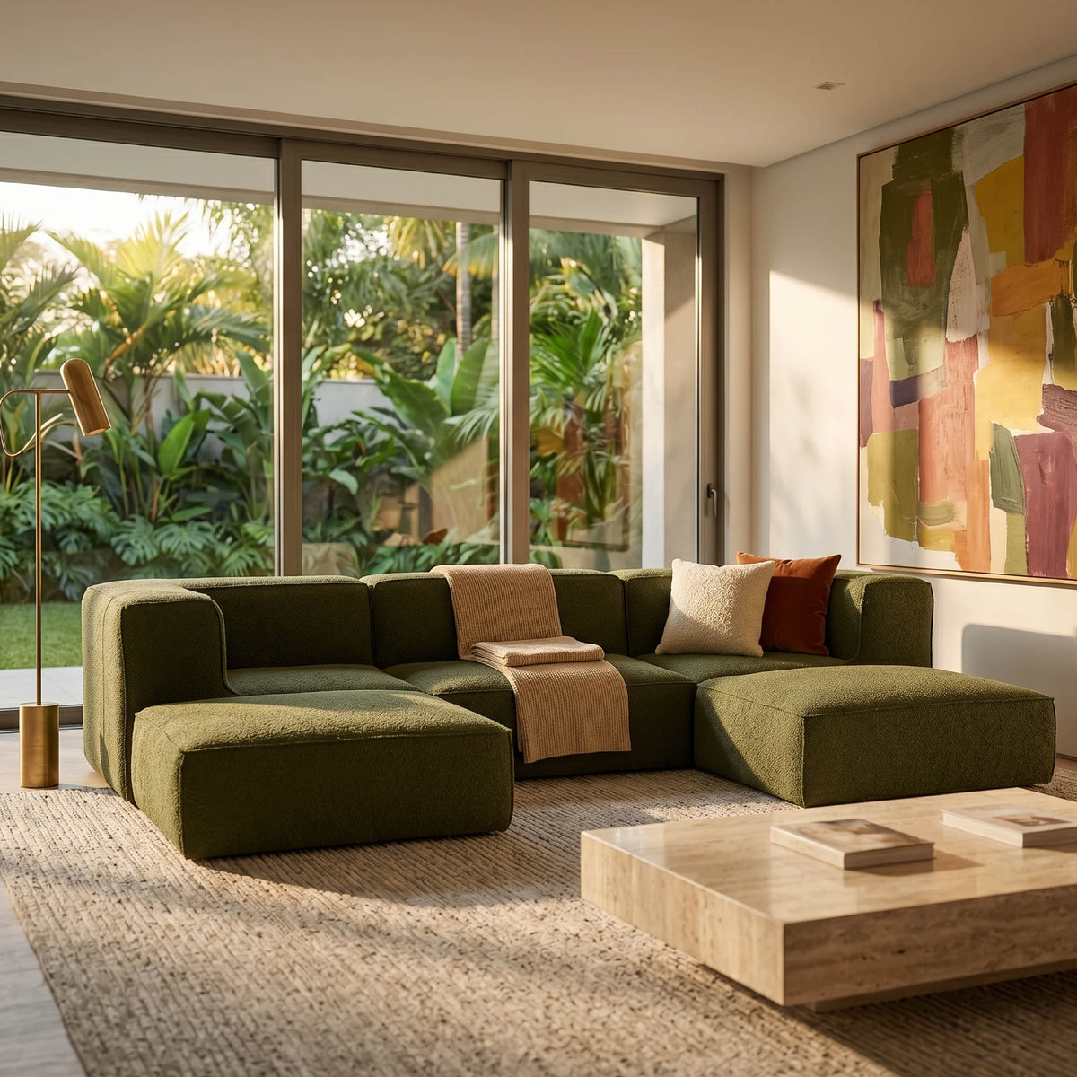 Sofá Modular Flow 3 Lugares 2 Cantos com 2 Apoios de Pé em Boucle Plus Green