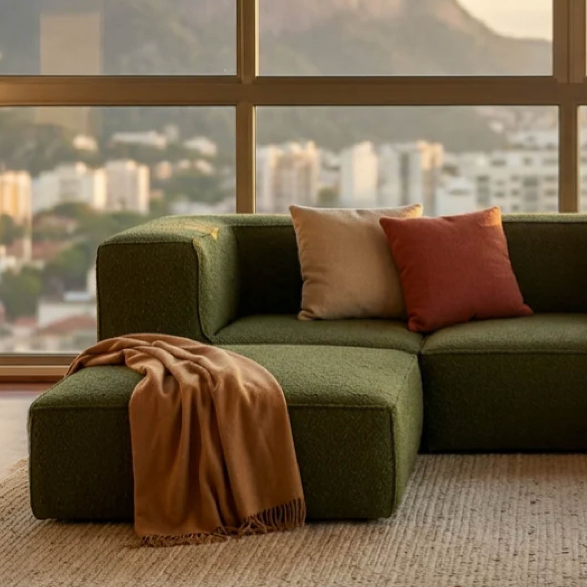 Sofá Modular Flow 3 Lugares 2 Cantos com 2 Apoios de Pé em Boucle Plus Green