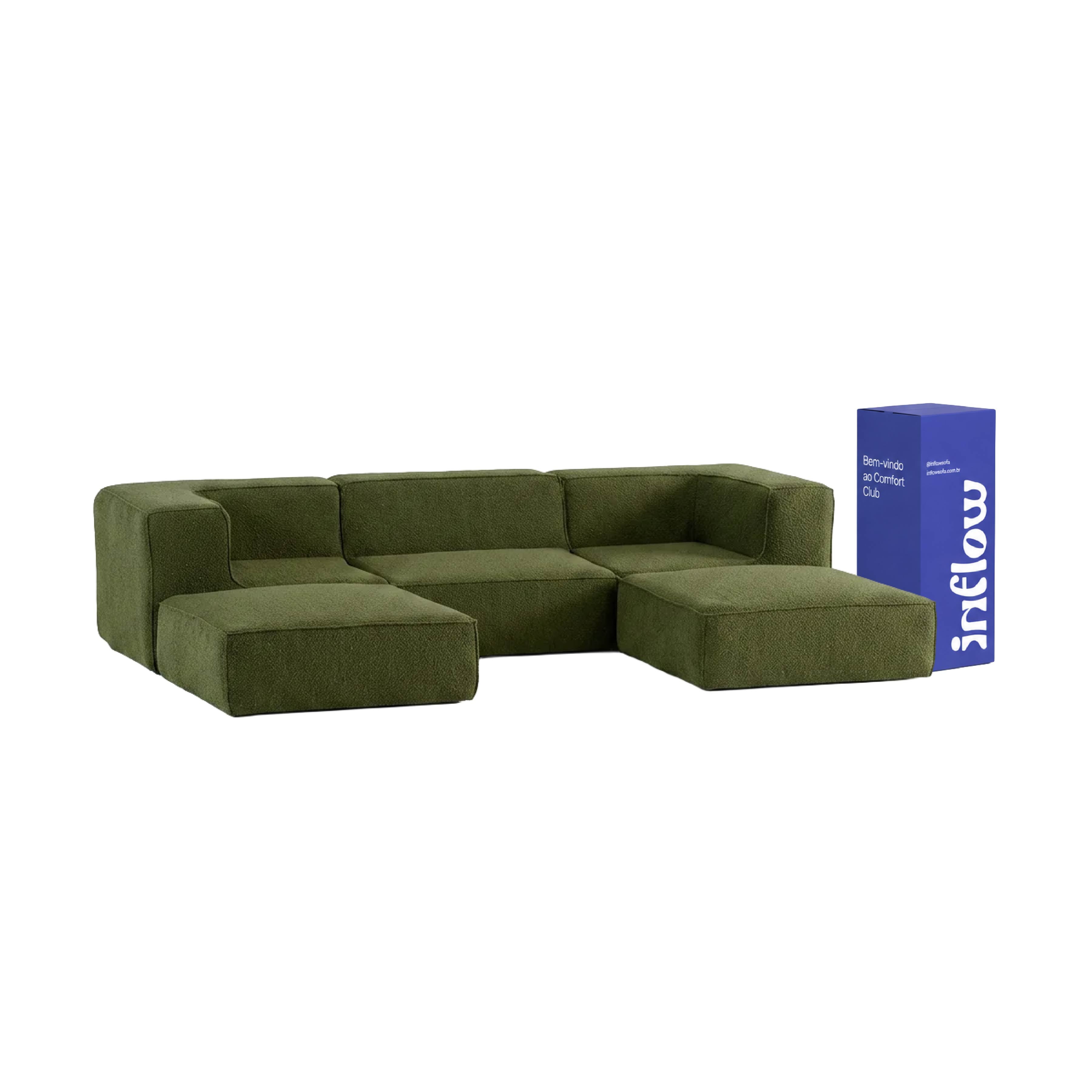 Sofá Modular Flow 3 Lugares 2 Cantos com 2 Apoios de Pé em Boucle Plus Green