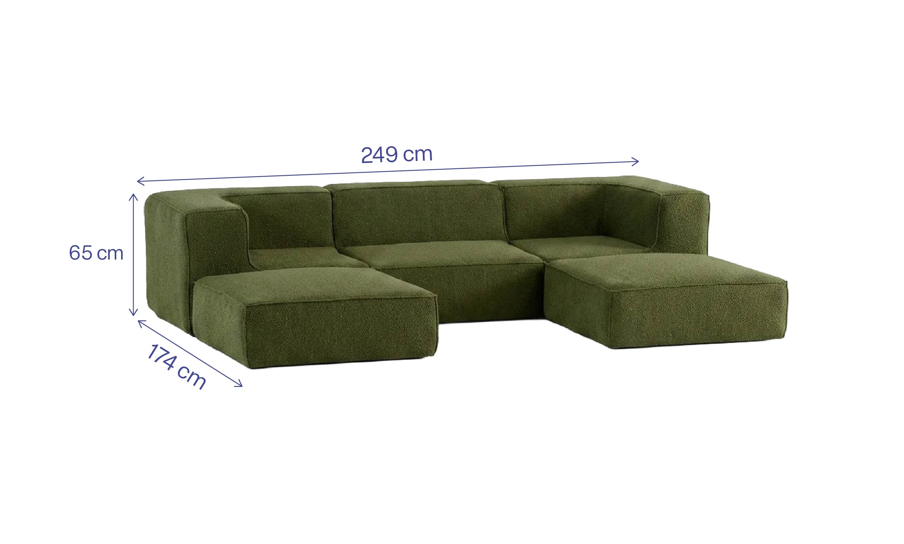 Sofá Modular Flow 3 Lugares 2 Cantos com 2 Apoios de Pé em Boucle Plus Green