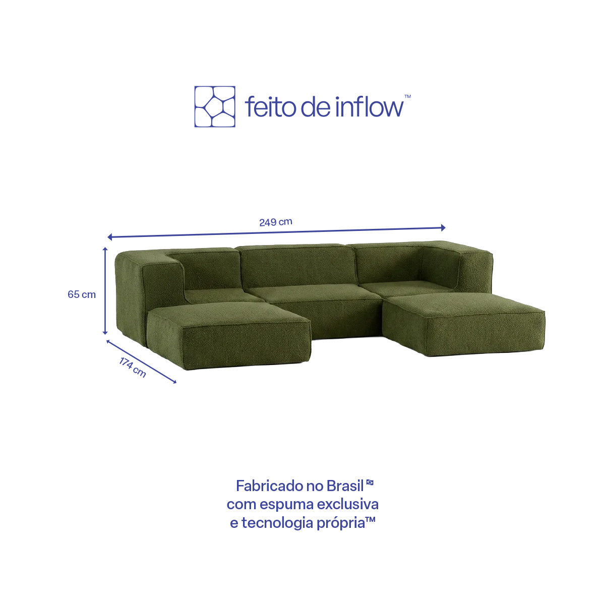 Sofá Modular Flow 3 Lugares 2 Cantos com 2 Apoios de Pé em Boucle Plus Green