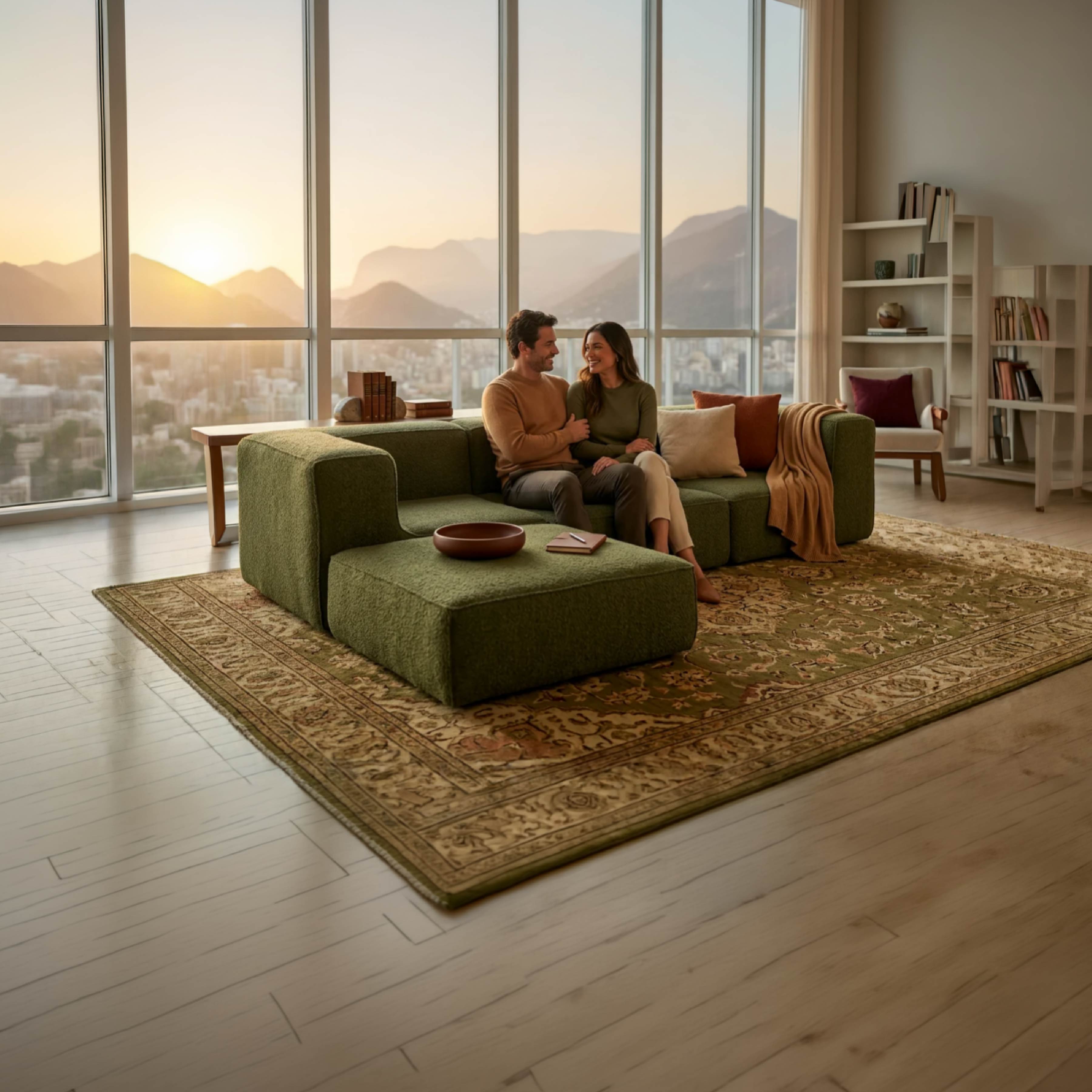 Sofá Modular Flow 3 Lugares 2 Cantos com 1 Apoio de Pé em Boucle Plus Green
